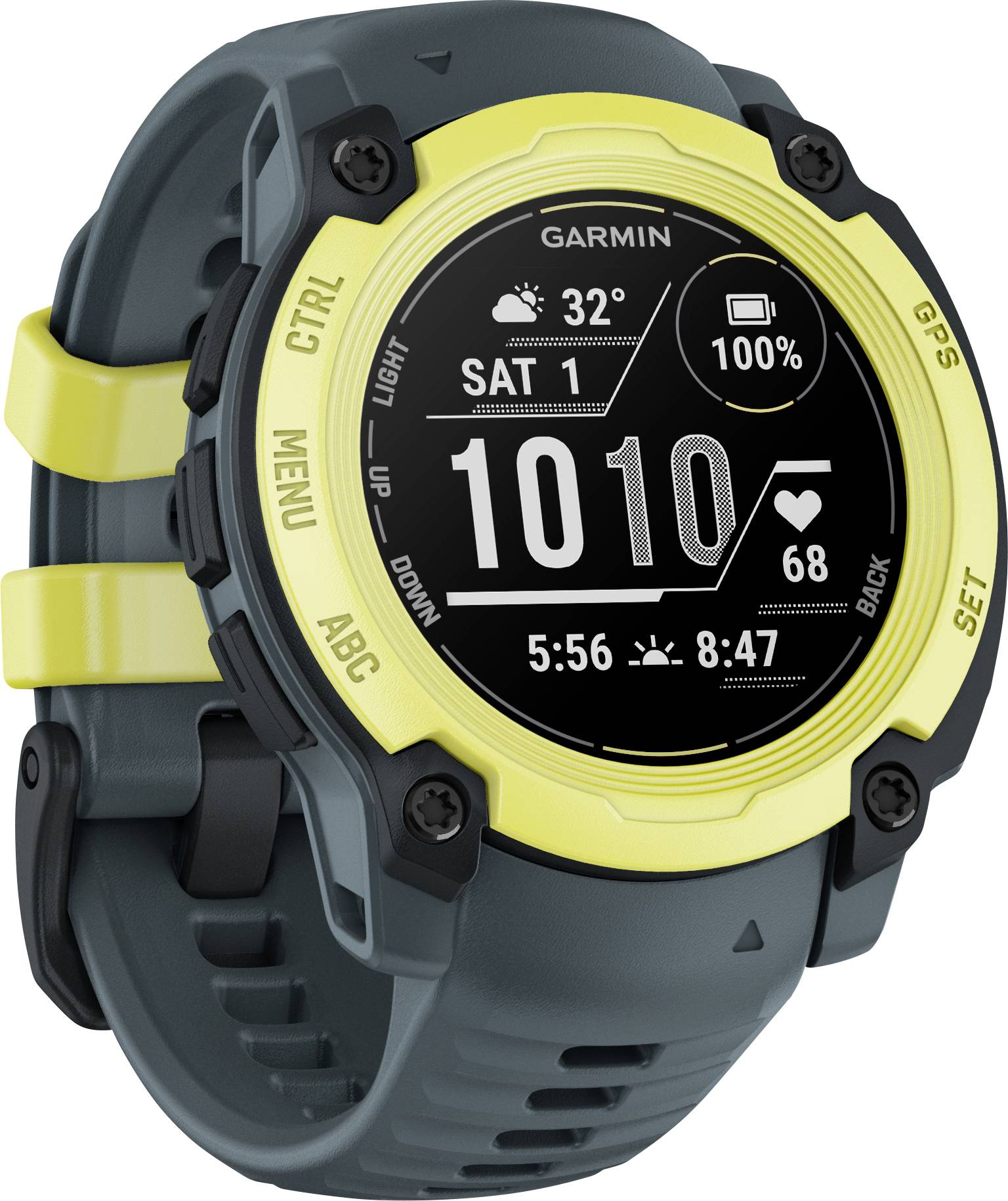 Smartwatch con display rotondo mostra ora, data, meteo (32°C, 100% sole) e frequenza cardiaca (68 BPM). Custodia gialla, design robusto.