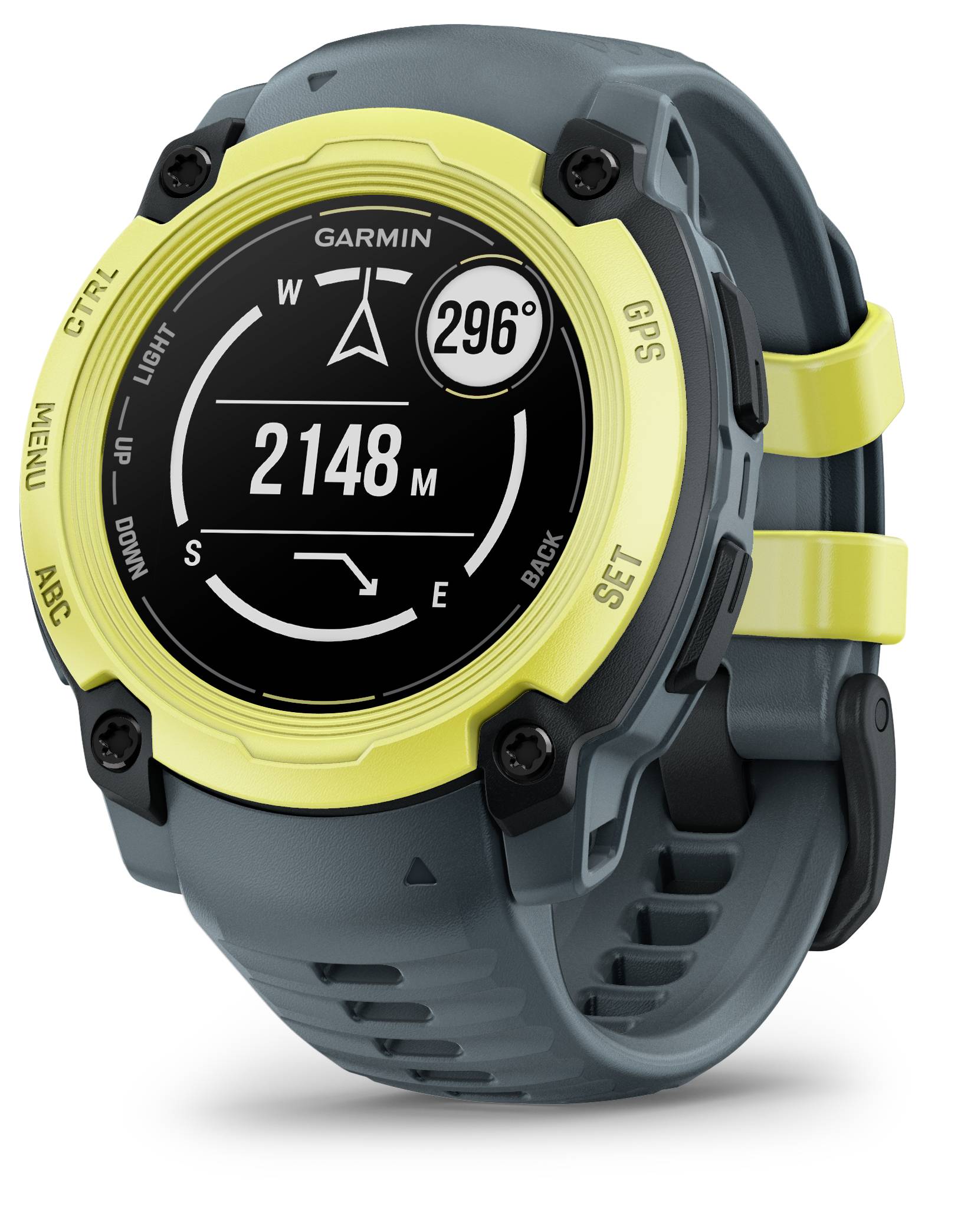 Smartwatch grigia con bordo giallo. Mostra sul display la direzione '296°' e l'altezza '2148 M'.