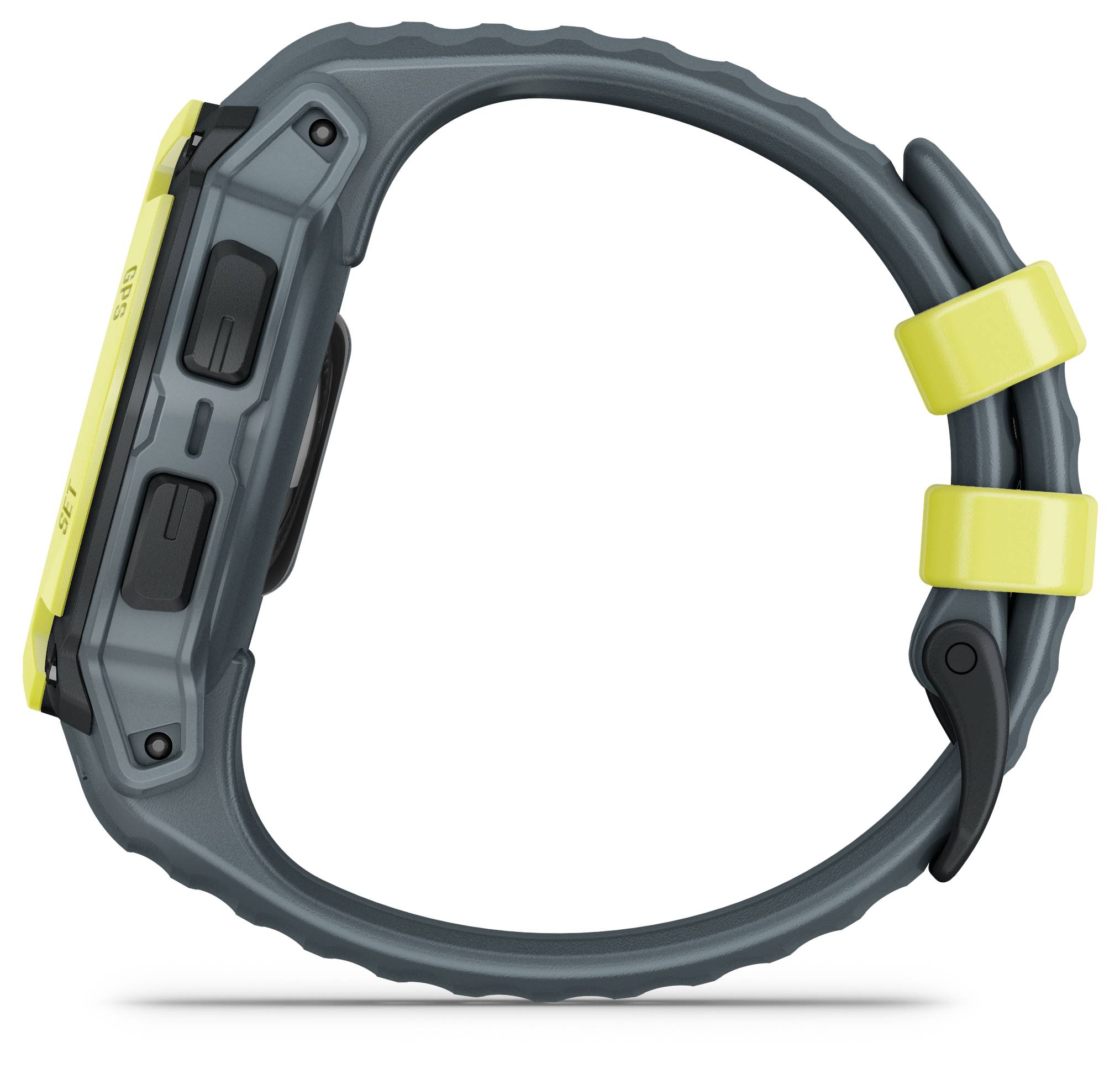 Orologio digitale grigio e giallo visto di lato. Mostra due tasti e un design robusto.