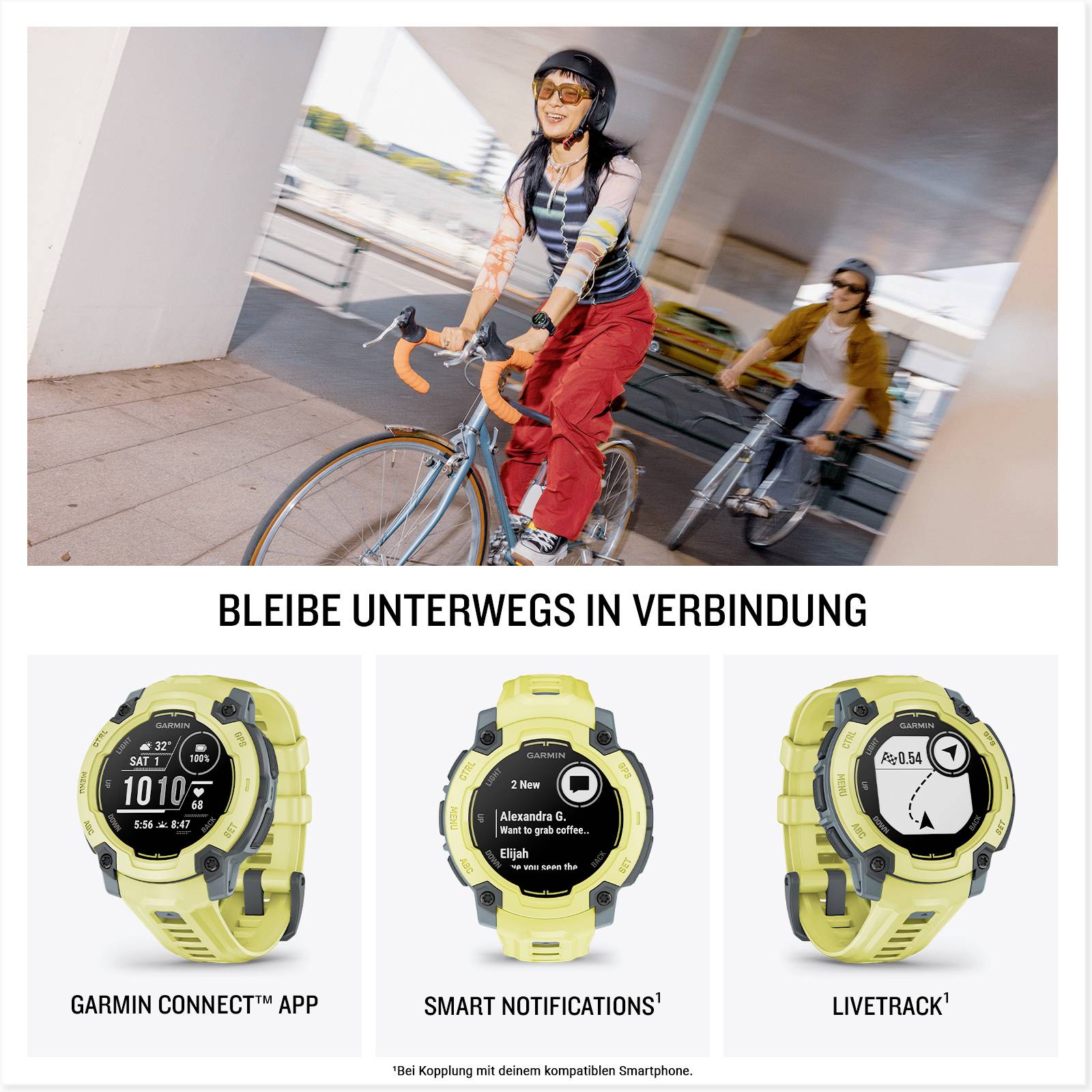 Due persone vanno in bicicletta. Sotto, annuncio pubblicitario per smartwatch con funzioni: 'App Garmin Connect™', 'Notifiche intelligenti', 'LiveTrack'.