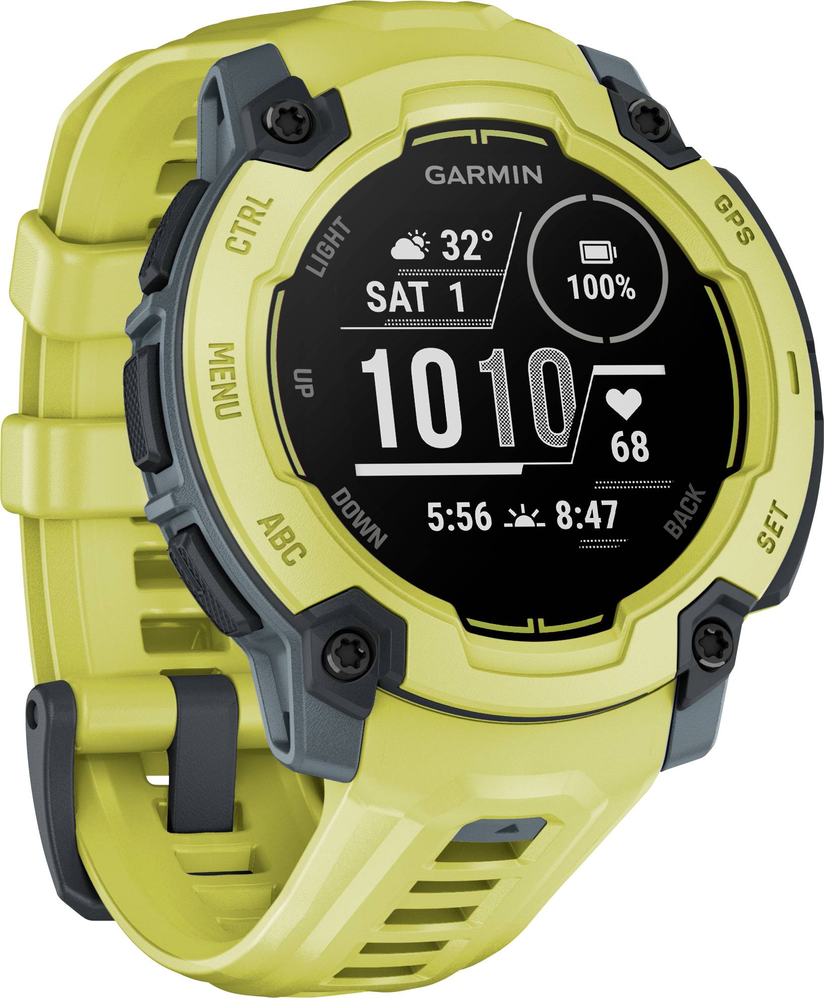 Orologio sportivo giallo con display digitale che mostra data, ora e frequenza cardiaca. Pulsanti laterali per funzioni come GPS e menu.