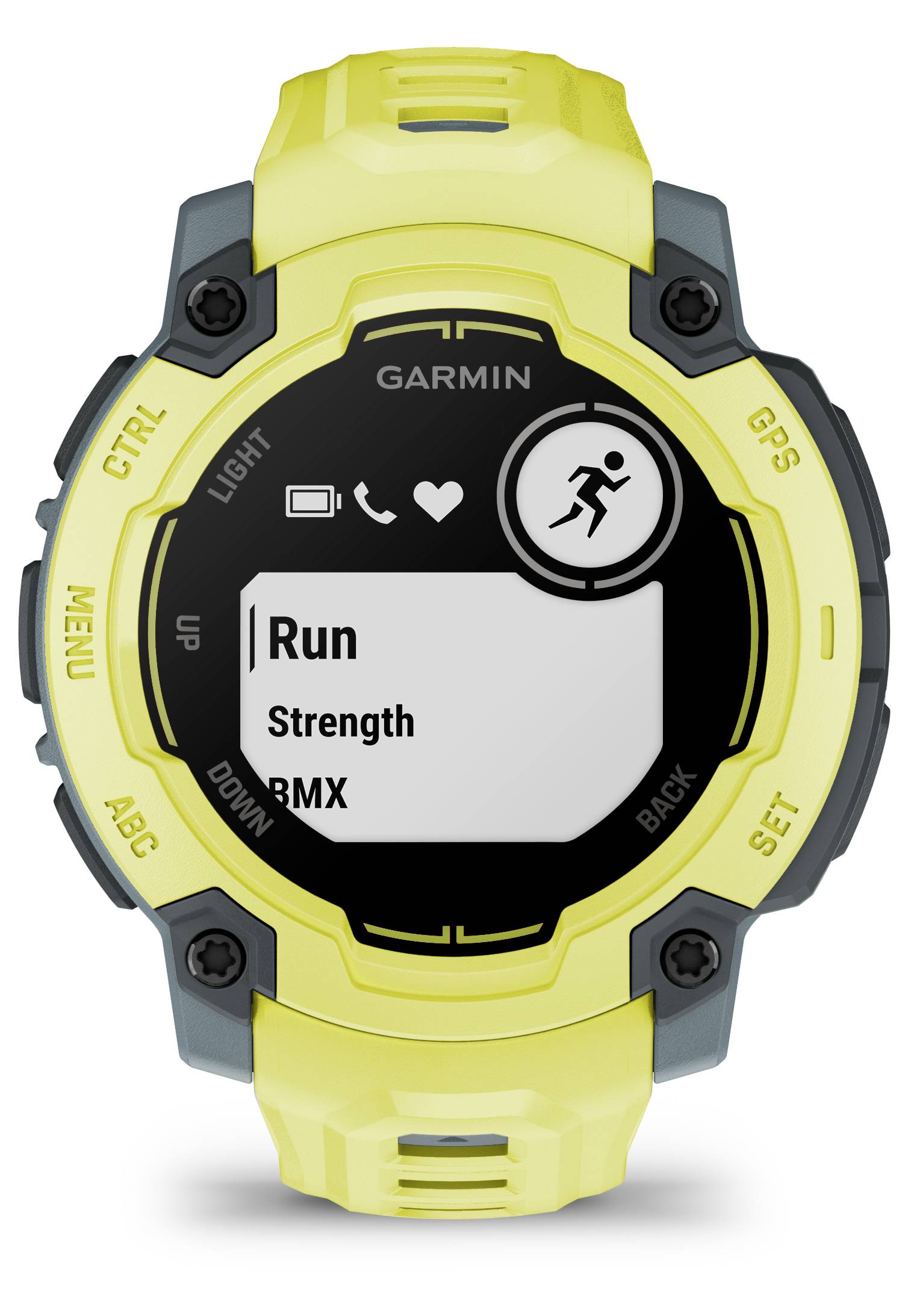 Un orologio sportivo giallo mostra sul display opzioni come 'Run', 'Strength' e 'RMX'. In alto sono presenti simboli per chiamata e messaggio.