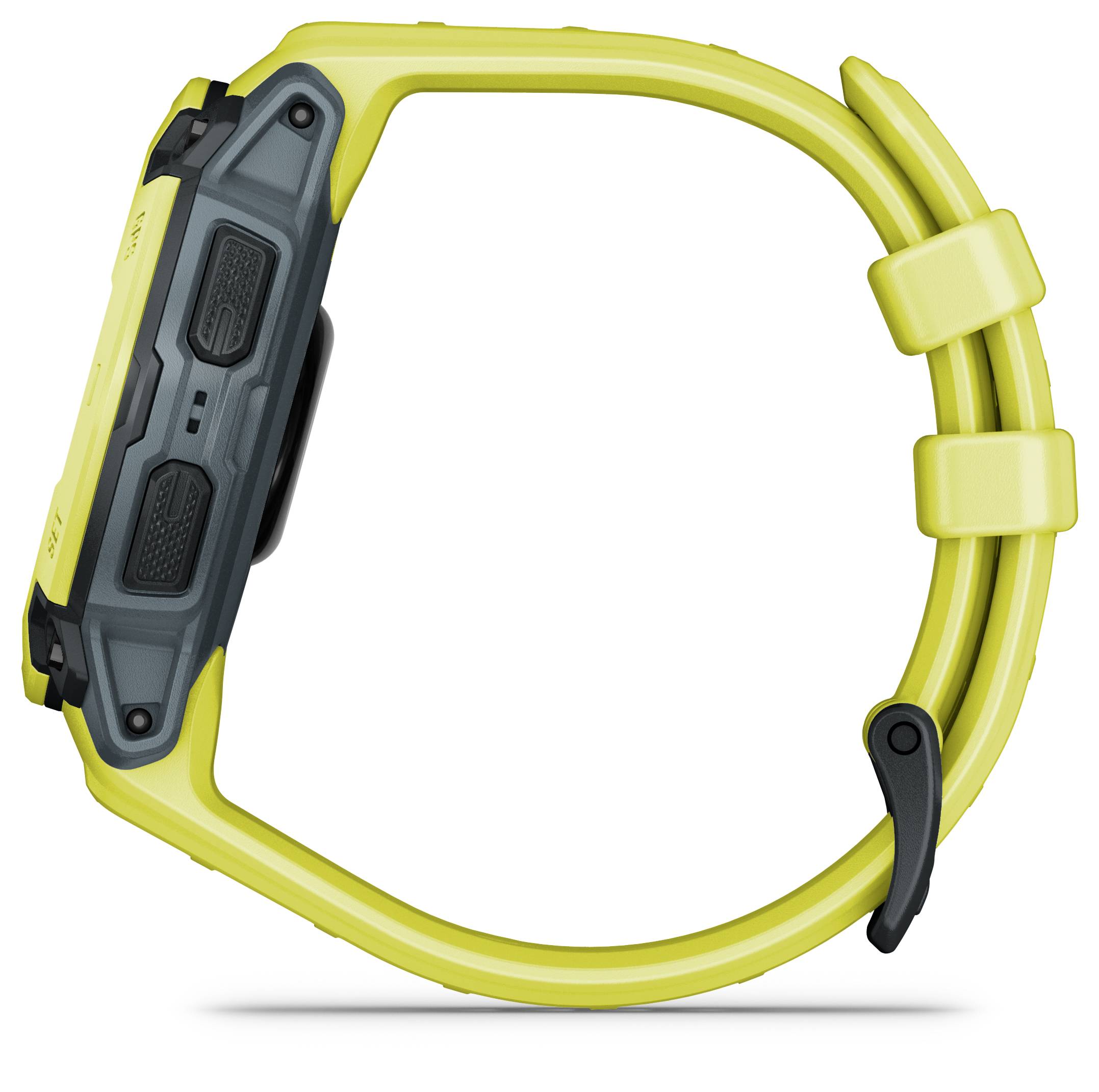 Orologio digitale da polso giallo con display nero, raffigurato di lato. Dal design robusto e sportivo, adatto ad attività all'aperto.