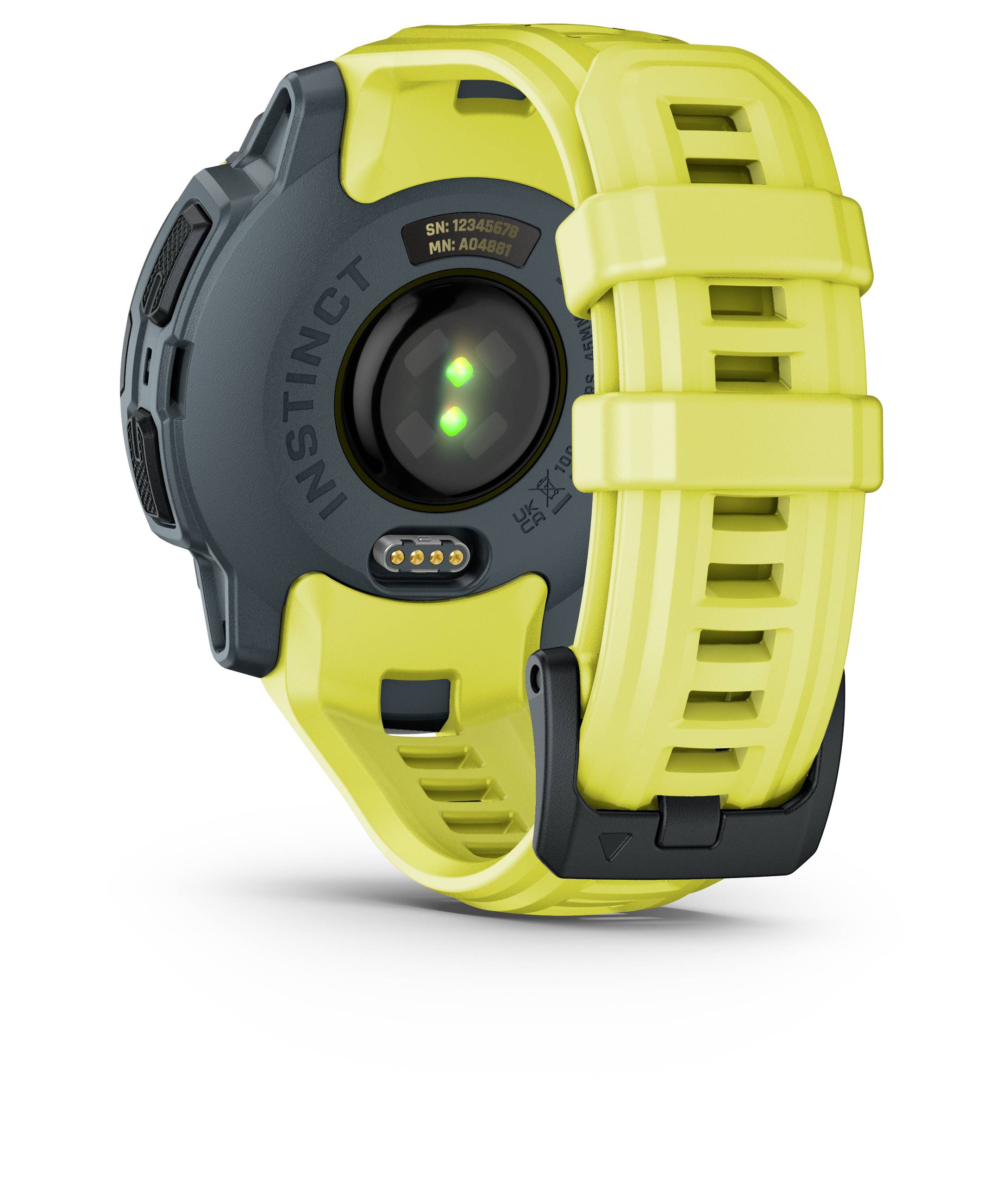 Un orologio sportivo giallo da esterno con custodia robusta e sensore di frequenza cardiaca sul retro, adatto ad attività sportive.