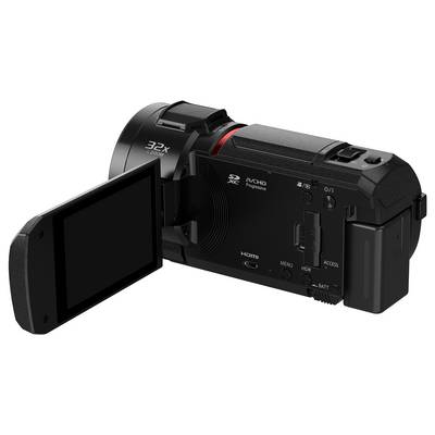 Una videocamera nera con display aperto, zoom 32x e porta HDMI.