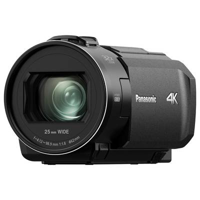 Videocamera nera 4K con obiettivo zoom 32x e logo Panasonic sul lato, adatta per riprese video ad alta risoluzione.