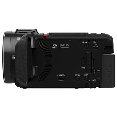 Videocamera HD nera in vista laterale con vano per scheda SD, porta HDMI e comandi per menu, accesso, HDR e batteria.