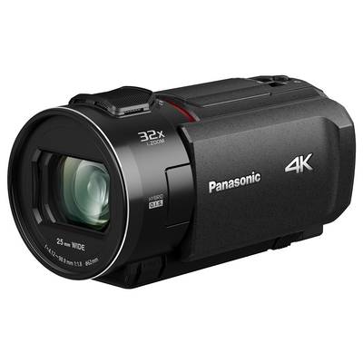 Videocamera 4K nera con zoom 32x, nome del marchio visibile. Il dispositivo ha una forma compatta ed ergonomica.