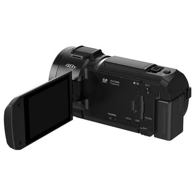 Videocamera digitale nera con display laterale aperto. Alcuni testi sulla fotocamera sono parzialmente visibili: '48x', 'AVCHD'.