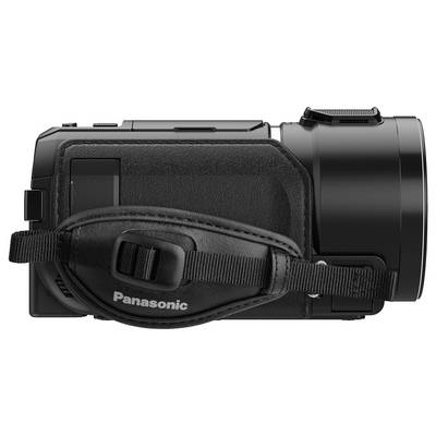 Videocamera digitale nera con cinturino da polso, vista laterale. Nome del marchio 'Panasonic' visibile sul cinturino.