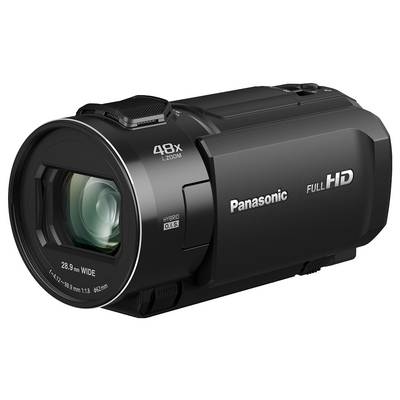 Una videocamera Panasonic nera Full HD con zoom 48x e obiettivo grandangolare, ideale per riprese video di alta qualità.