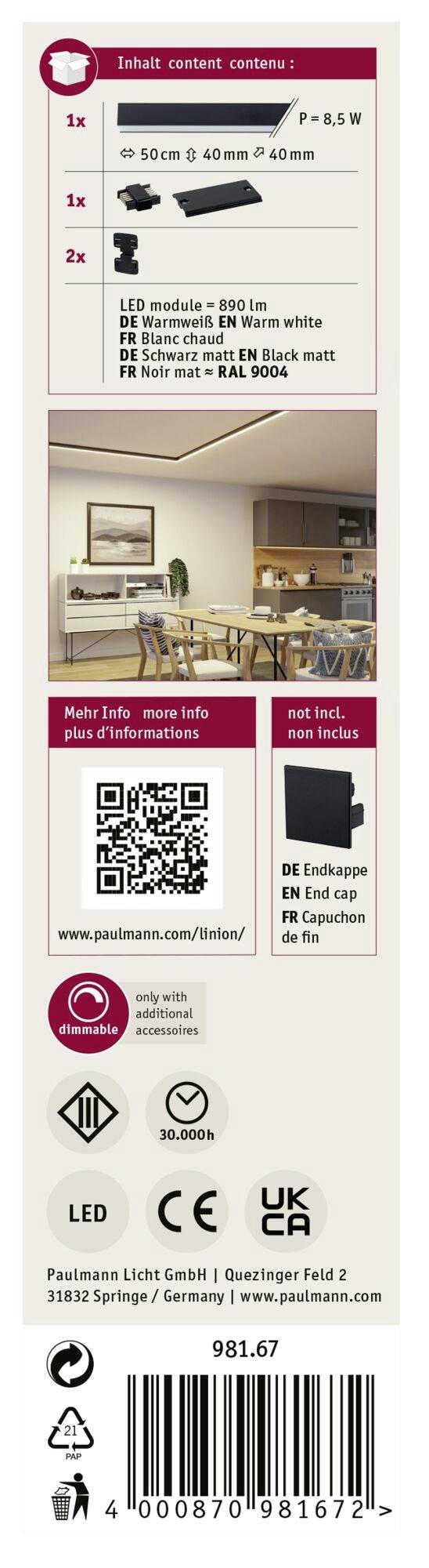 'Contenuto': Immagini di un modulo LED decorativo con accessori. Contiene dati tecnici. Il codice QR rimanda a ulteriori informazioni.
