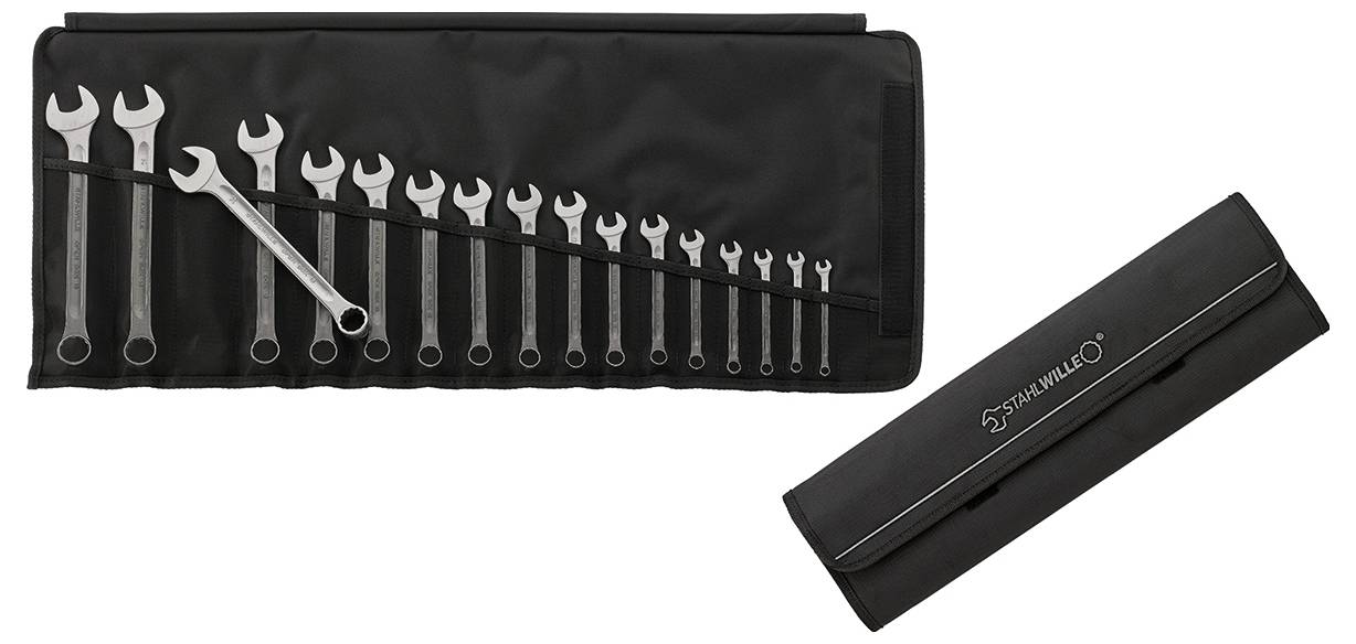 Un set di chiavi aperto con 16 chiavi a forchetta di diverse dimensioni, organizzate in una borsa portautensili nera.