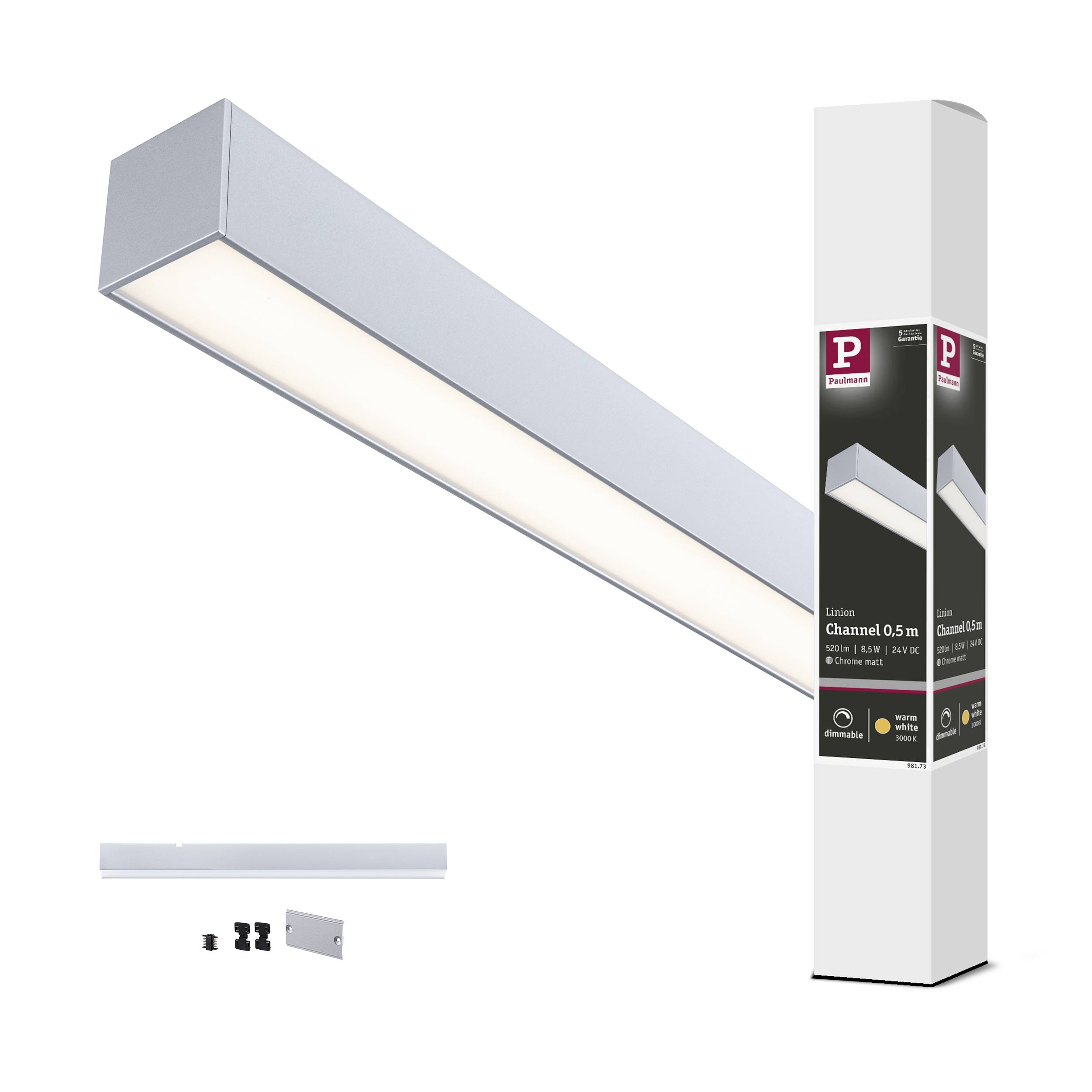 Una barra LED argentata con confezione e accessori di montaggio. Elemento di illuminazione, ideale per interni moderni.