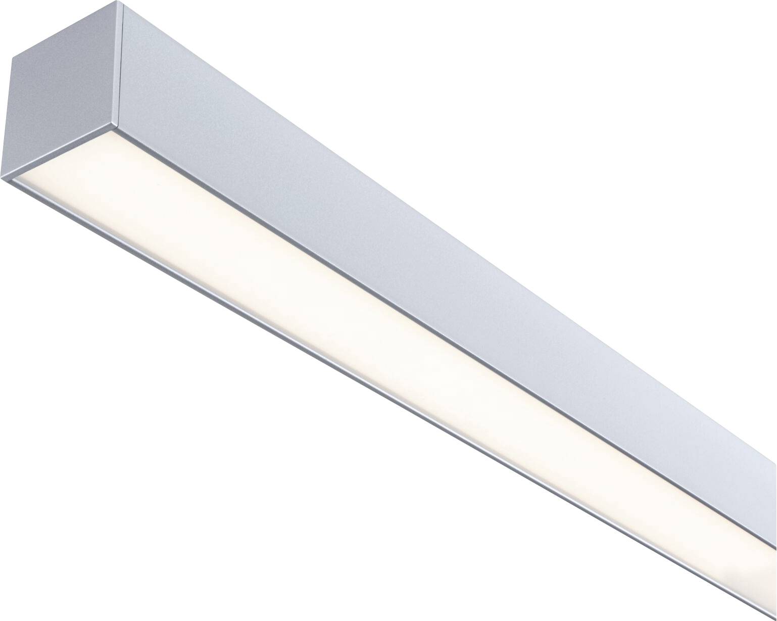 Un lampadario moderno, rettangolare, con cornice argentata e illuminazione uniforme e calda.