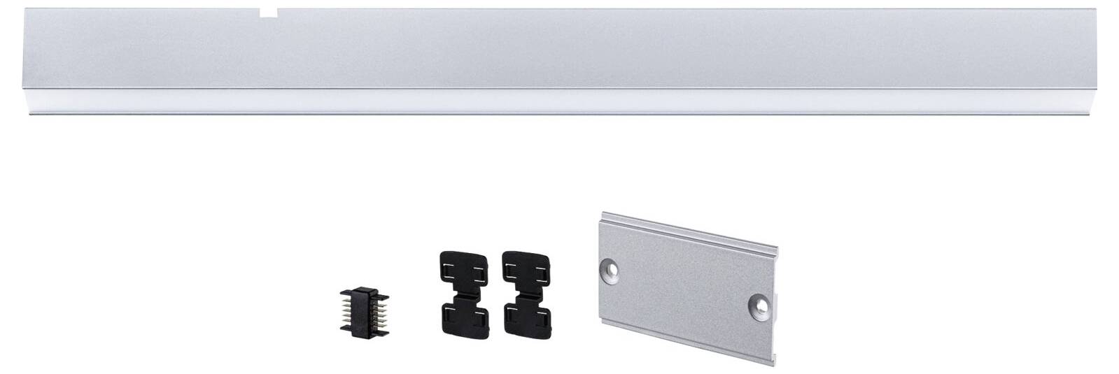 Un kit di illuminazione sottopensile a LED in argento con staffe e accessori di collegamento, adatto per l'installazione su mobili.