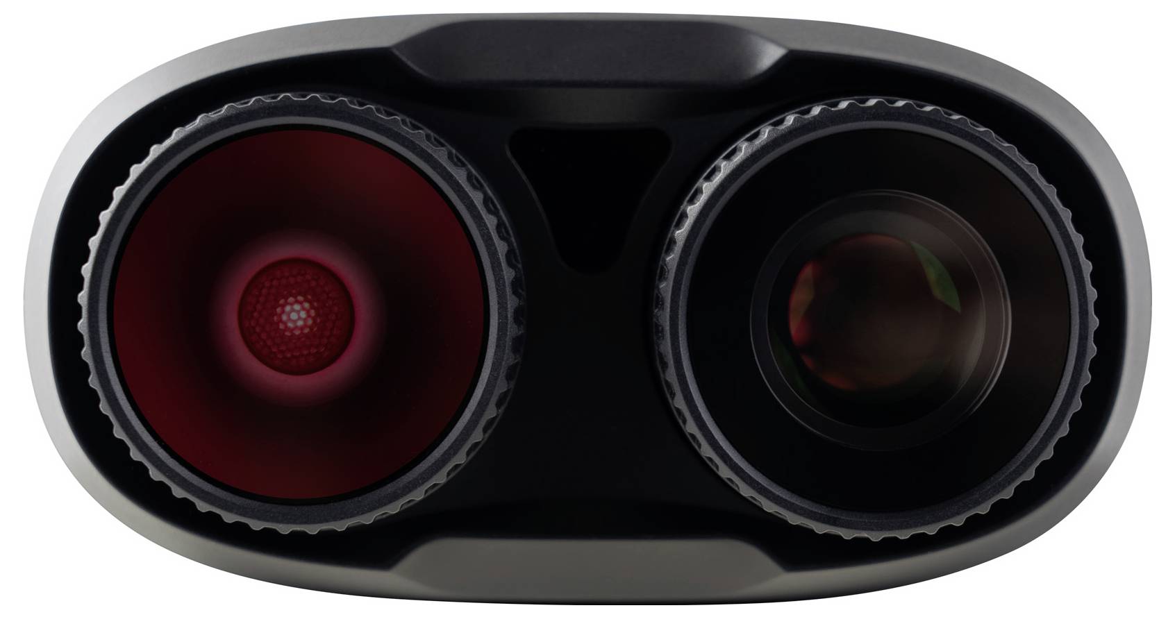 Un primo piano di un modulo fotocamera stereoscopico con due obiettivi, che potrebbe essere utilizzato per applicazioni VR o AR.