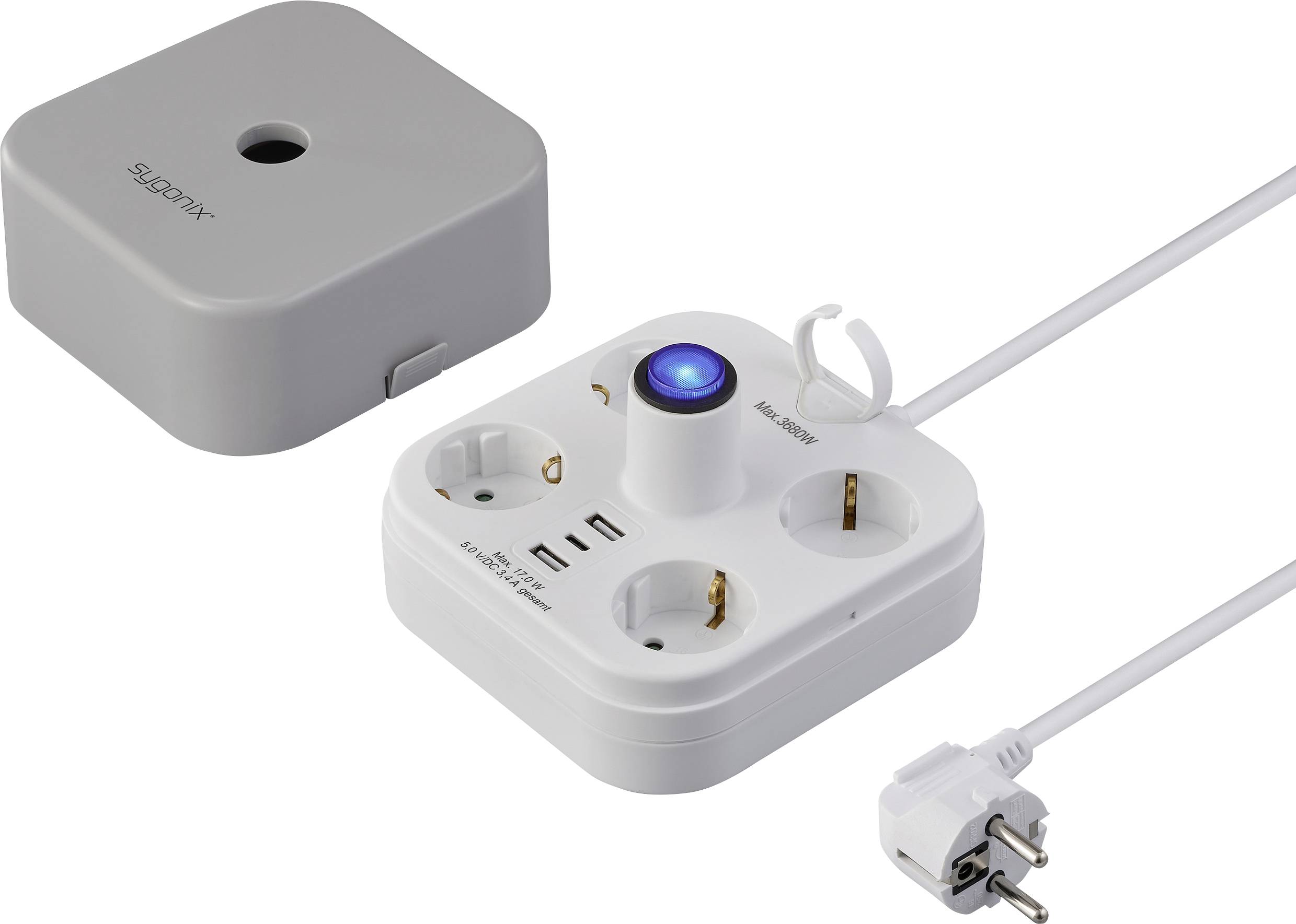 Multipresa con interruttore, quattro prese, due porte USB e coperchio rimovibile. Collega i dispositivi in modo sicuro alla fonte di alimentazione.
