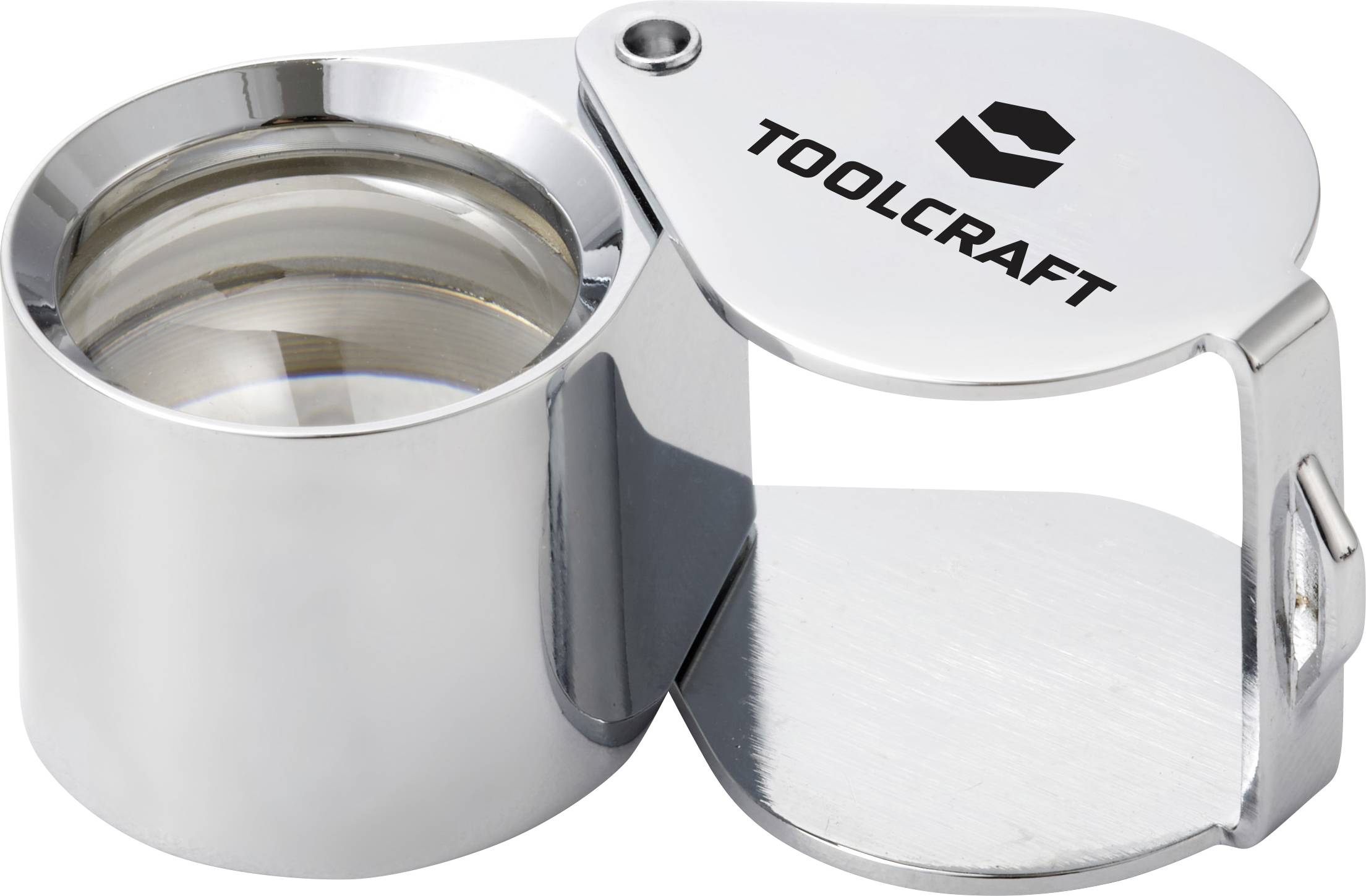 Una lente d'ingrandimento pieghevole d'argento di Toolcraft, utilizzata per ispezioni dettagliate, con il nome del marchio visibile sul coperchio.