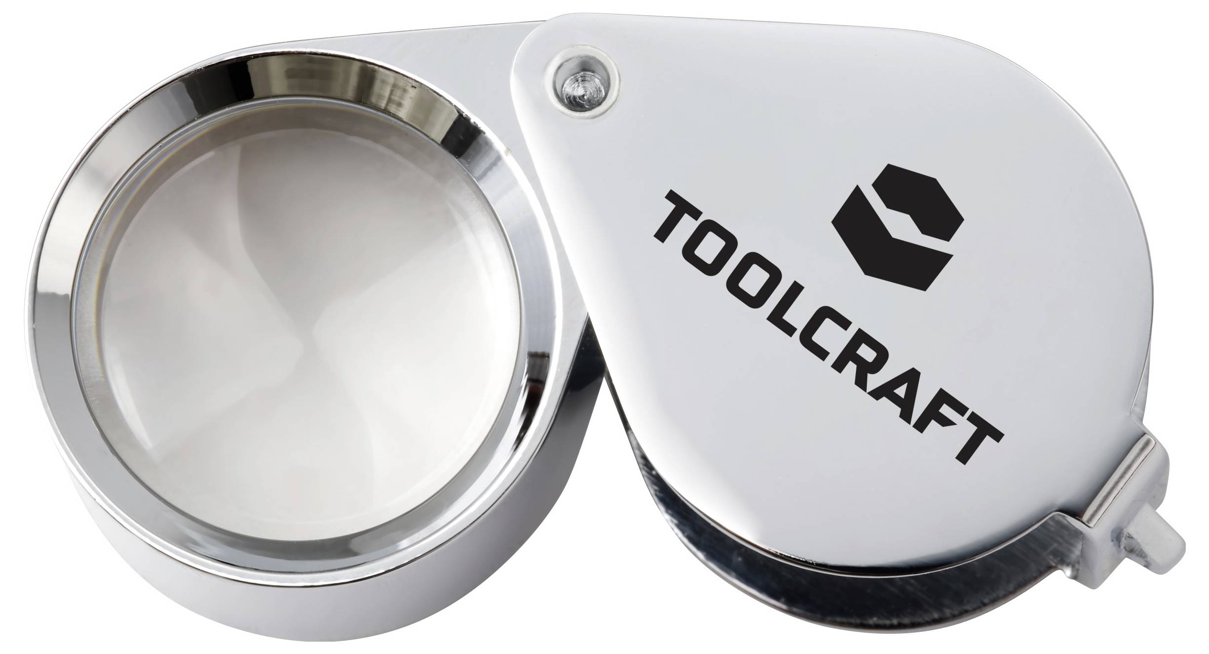 Una lente d'ingrandimento pieghevole con custodia in metallo lucido, marchiata con il nome 'Toolcraft' e un logo.