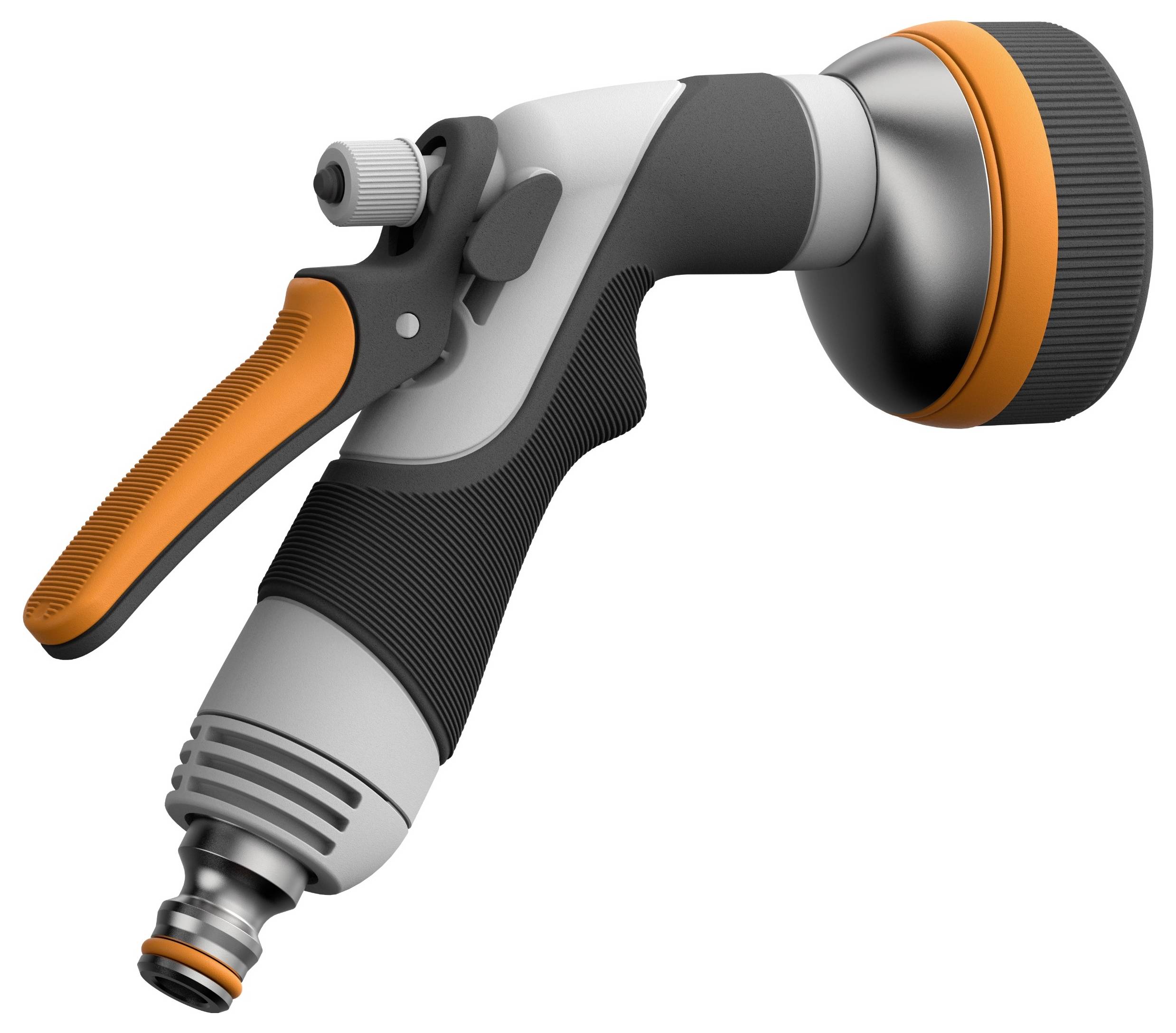 Un ugello spray per giardino grigio e arancione con impugnatura ergonomica e testina regolabile.