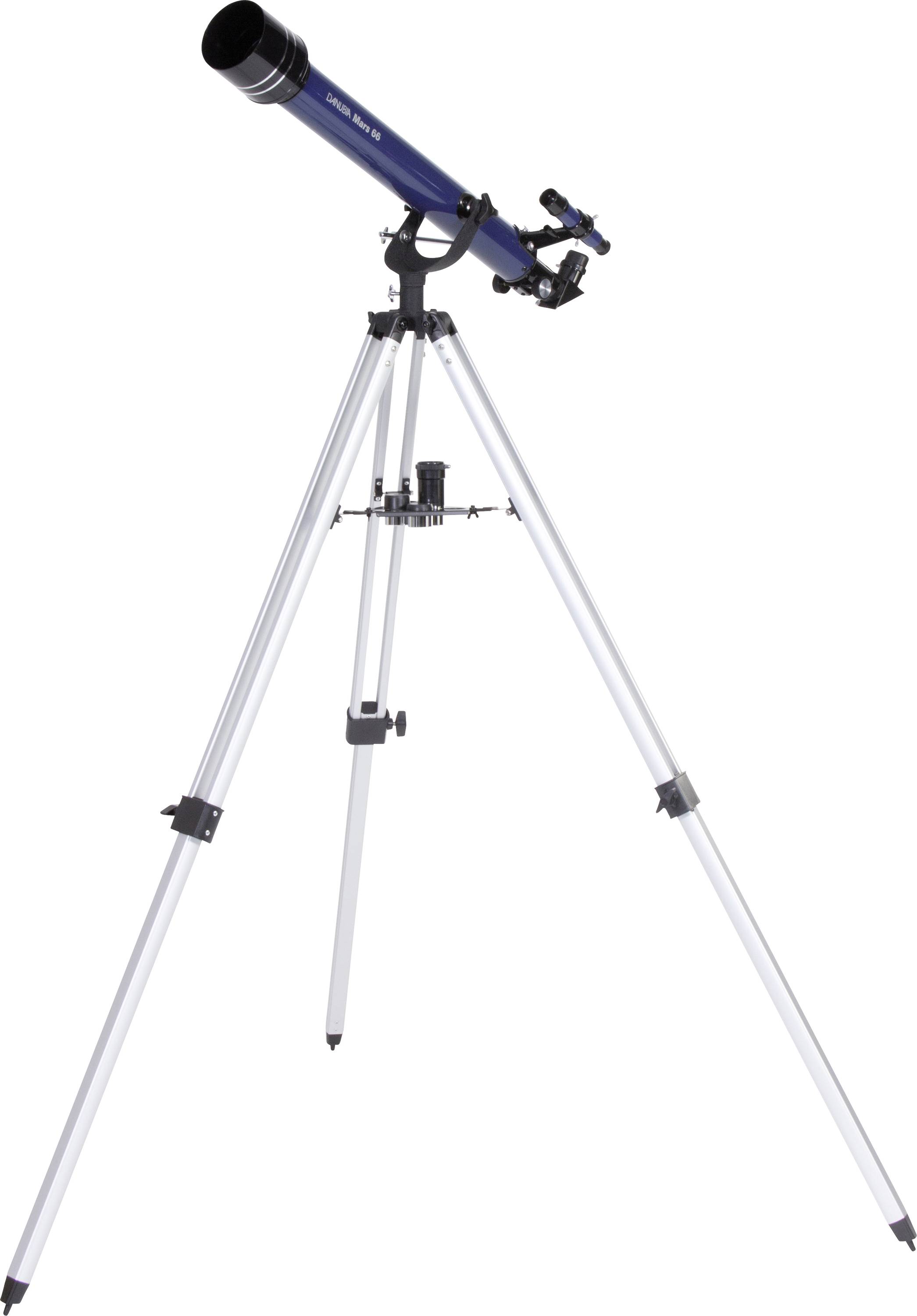 Un telescopio blu con oculari lunghi su un treppiede argentato. Ideale per l'osservazione dei corpi celesti.