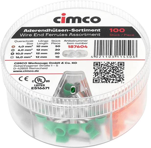 Assortimento CIMCO di terminali a capicorda per filo in scatola con 100 pezzi, misure assortite, codice a barre e codice QR visibili attraverso il contenitore in plastica trasparente.