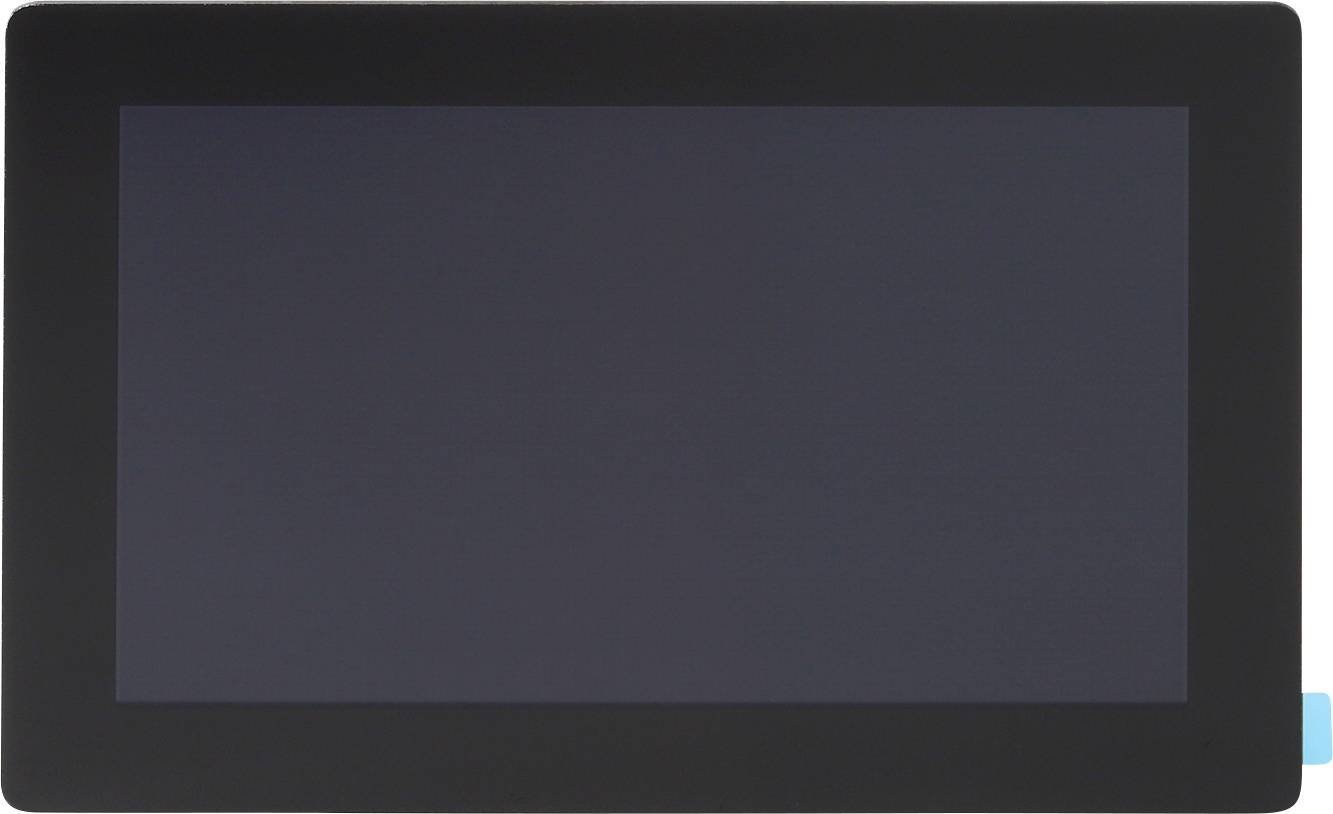 Uno schermo nero di un tablet con una scheda blu a destra, spento. Non sono visibili informazioni o contenuti sul display.