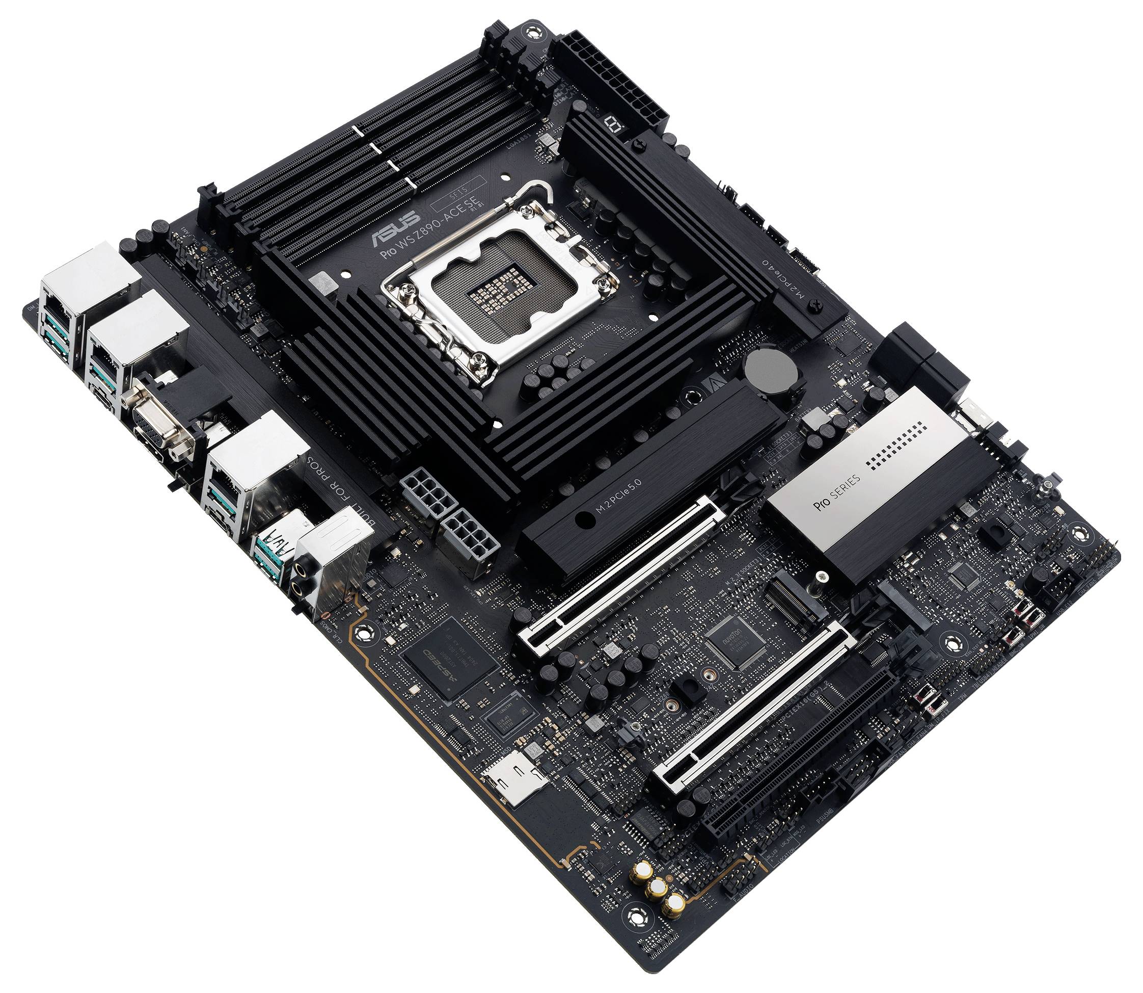 Una scheda madre nera con diversi slot PCIe, quattro slot per RAM e molteplici porte. Nome del marchio visibile sul socket della CPU.