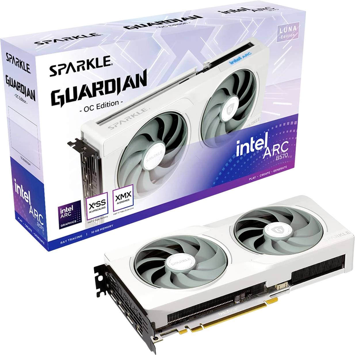 Scheda grafica 'Sparkle Guardian OC Edition' con ventole bianche davanti alla confezione. La confezione mostra il logo e il modello 'Intel Arc A570'.