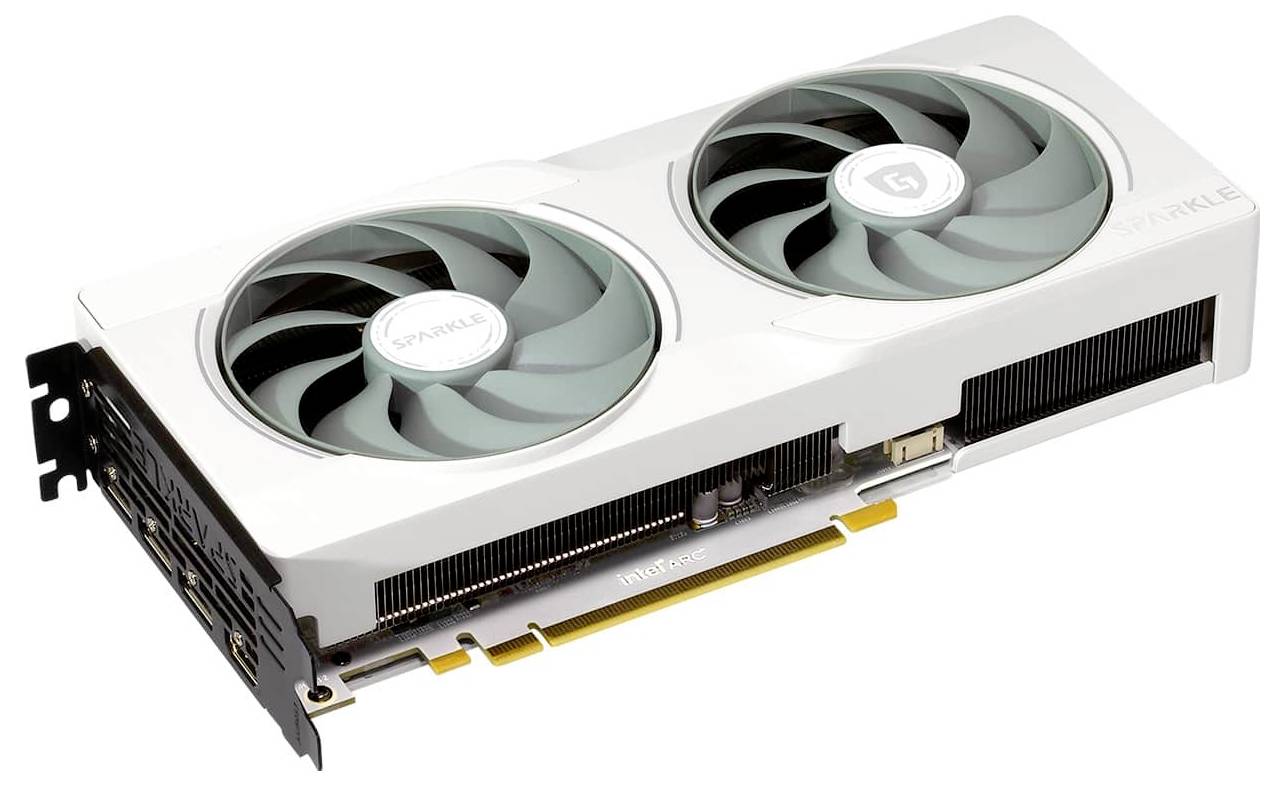 Scheda grafica bianca con due grandi ventole e un'interfaccia PCIe, adatta all'installazione in computer per l'elaborazione grafica.