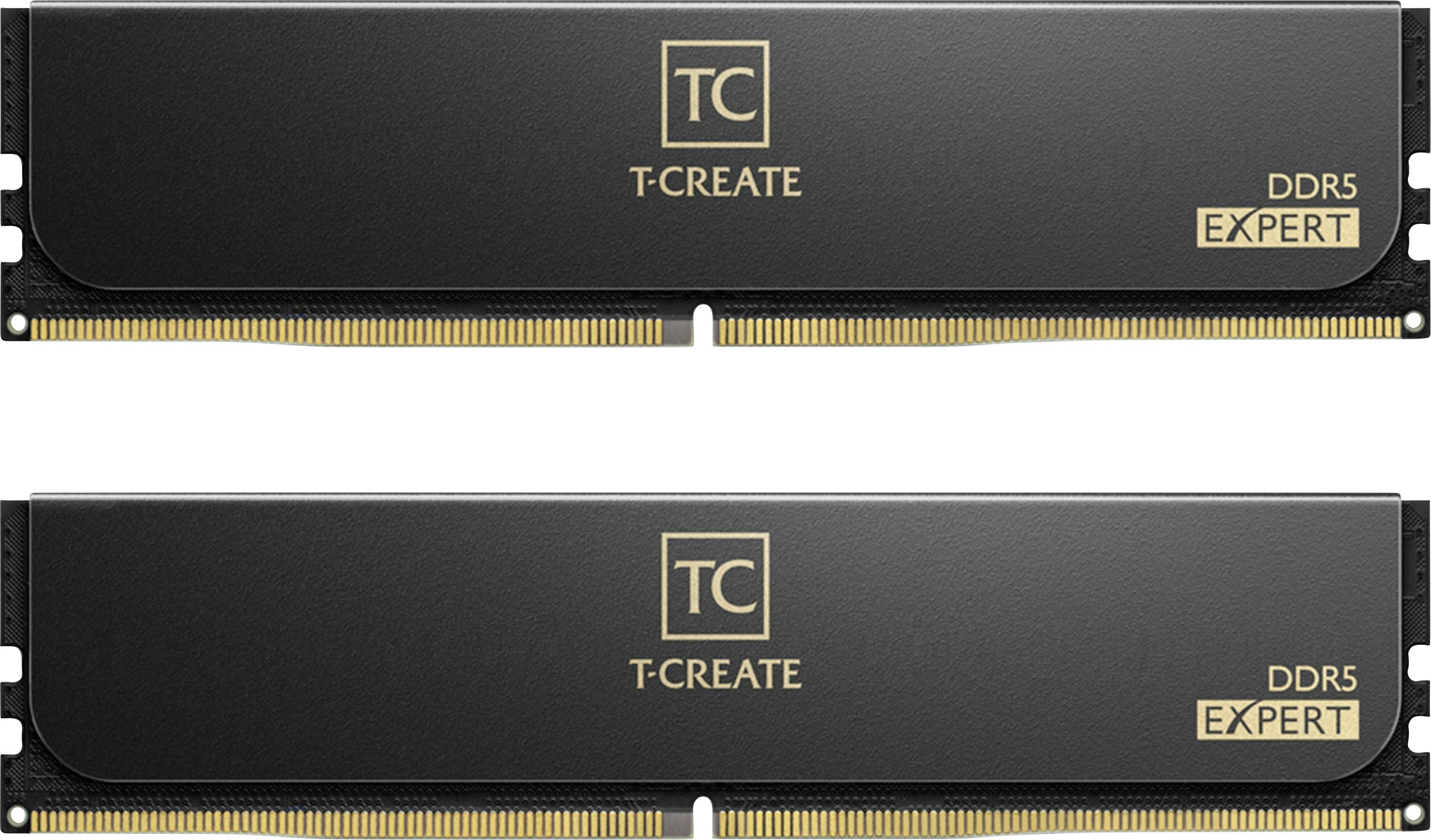 Due moduli RAM DDR5-EXPERT di T-CREATE di colore nero, disposti uno sopra l'altro.