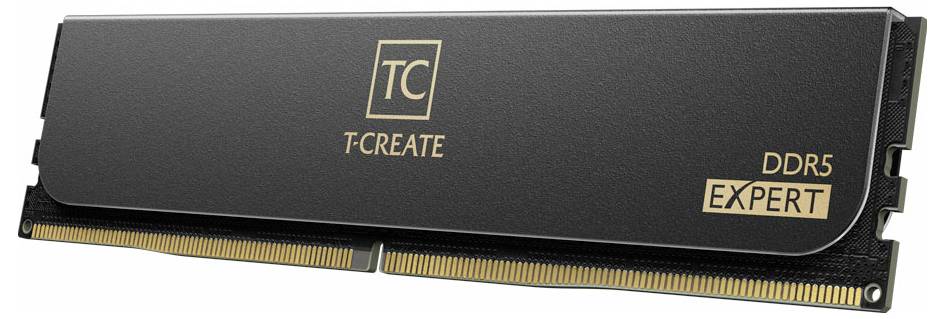 Una scheda di memoria RAM T-Create DDR5 Expert, nera con scritta dorata, utilizzata per computer.