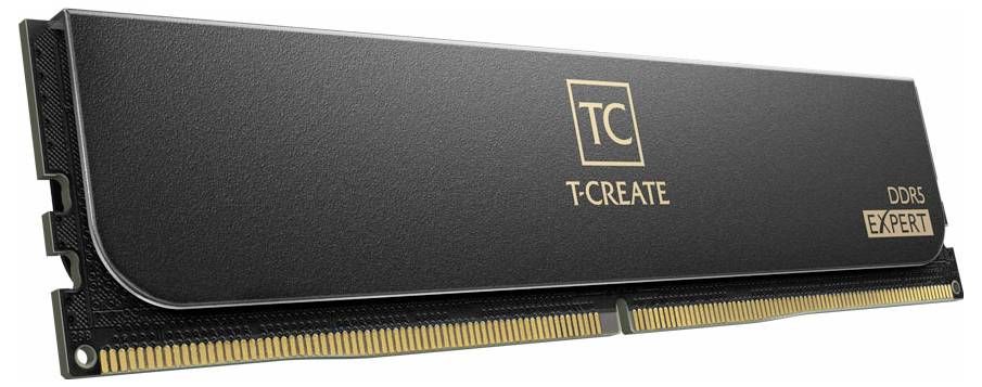 Modulo RAM DDR5 nero con etichetta 'TC T-CREATE' e 'DDR5 EXPERT', idoneo per PC ad alte prestazioni o workstation.