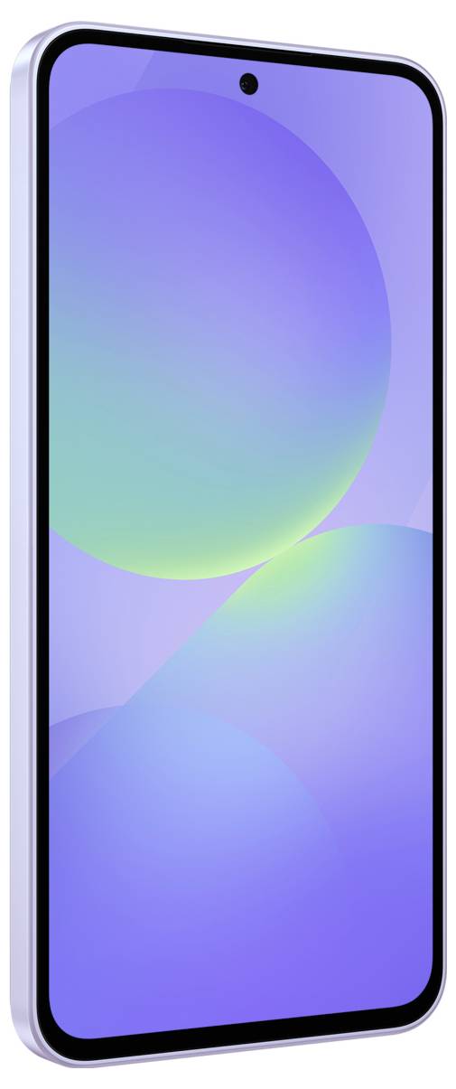 Smartphone color argento con display ampio e ad alta intensità cromatica. Il design presenta un frontale leggermente curvo e cornici sottili.