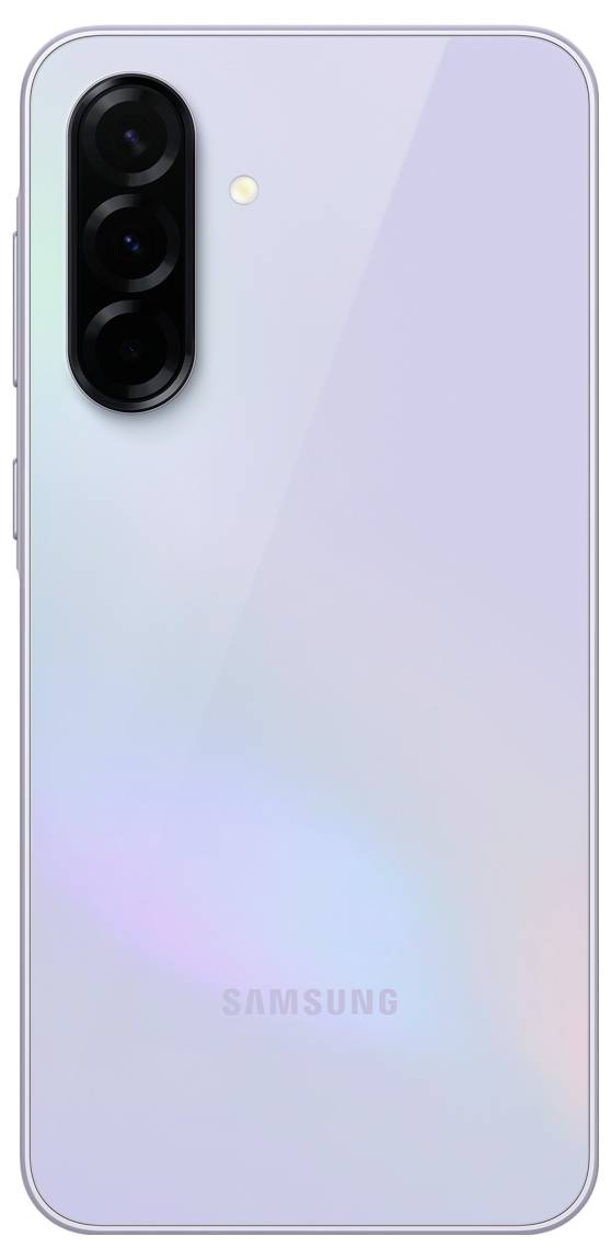 Un moderno smartphone in viola chiaro con tre obiettivi fotografici e un logo Samsung sul retro.