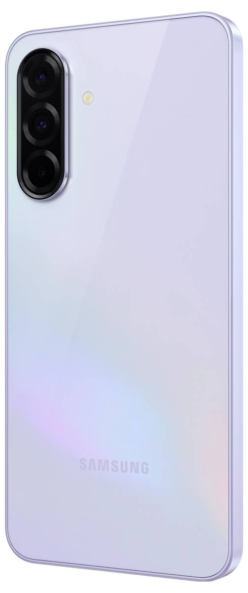 Un smartphone con tre obiettivi fotografici disposti verticalmente sul retro, custodia lucida color viola e il nome del marchio 'Samsung'.