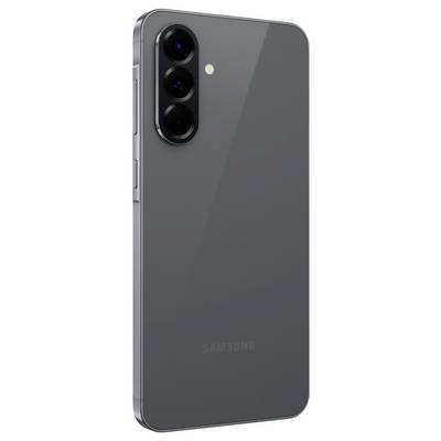 Smartphone con tre obiettivi fotografici e design essenziale in colore scuro. Nome del marchio visibile sul retro.