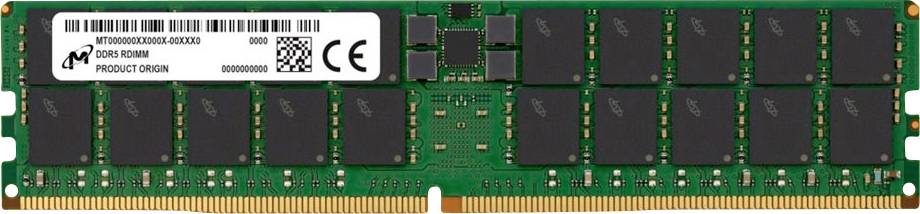 Una scheda RAM DDR4 verde con chip di memoria neri, etichetta con specifiche tecniche in alto a sinistra, contatti di connessione dorati in basso.