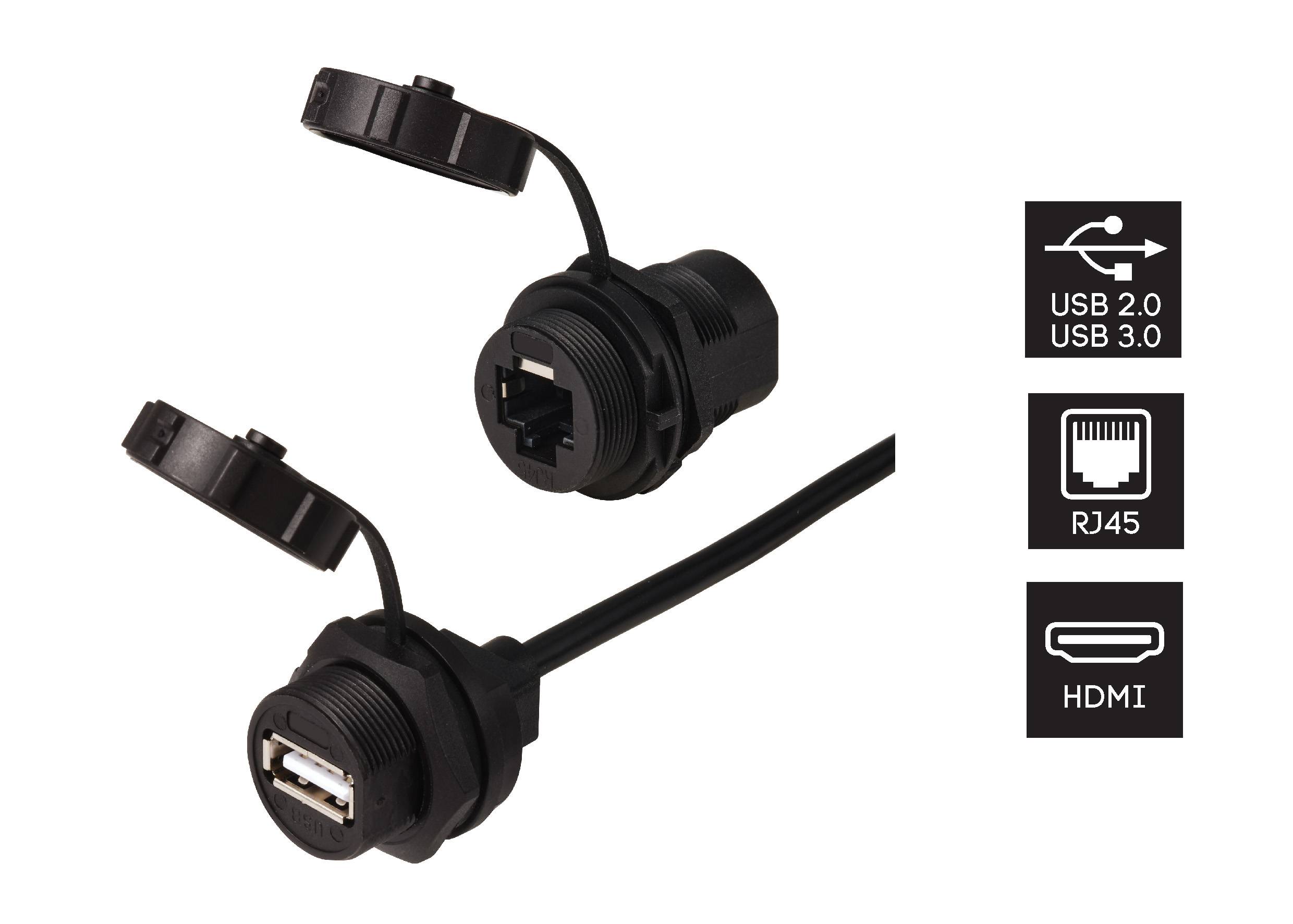 Due connettori con coperchi: in alto RJ45 per la rete, in basso USB 2.0/3.0 per il trasferimento dati; accanto simboli per la porta HDMI.