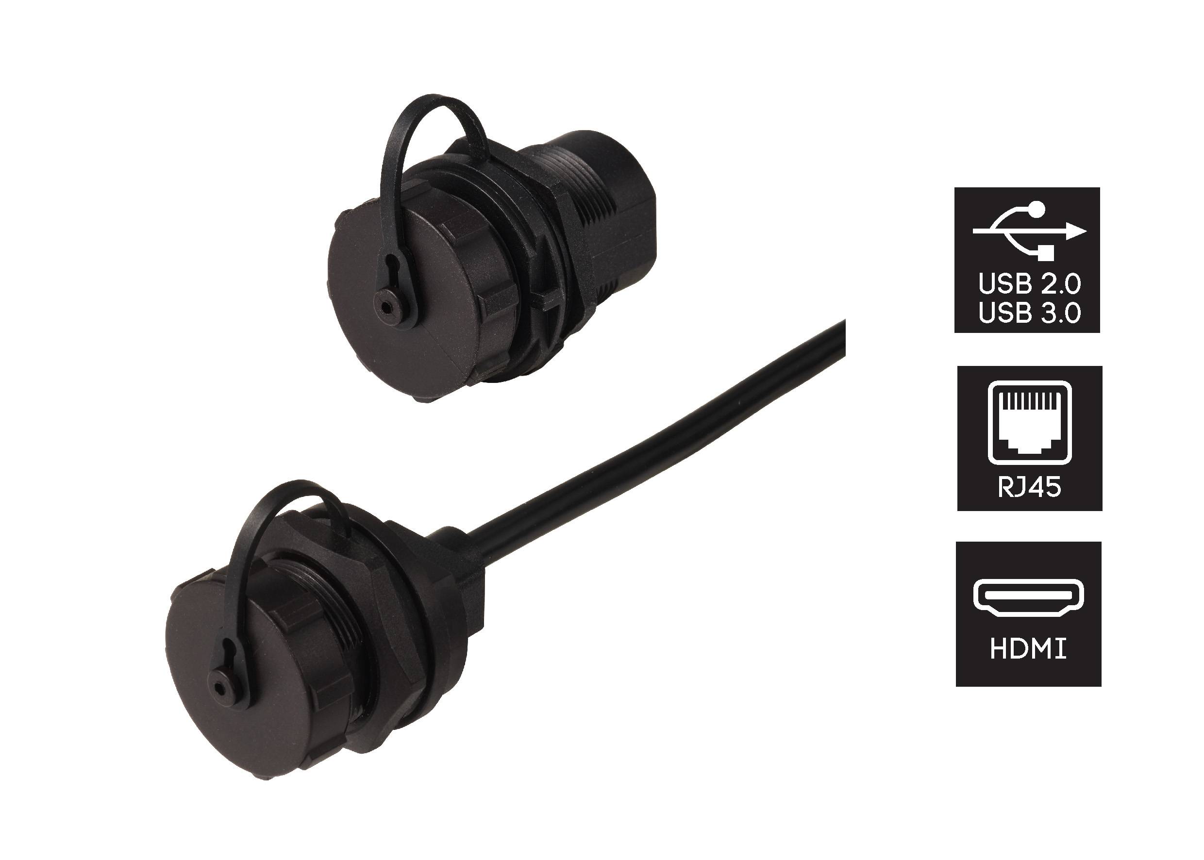Due connettori neri e rotondi accanto a simboli che rappresentano 'USB 2.0 e USB 3.0', 'RJ45' e 'HDMI', che illustrano le opzioni di connessione.