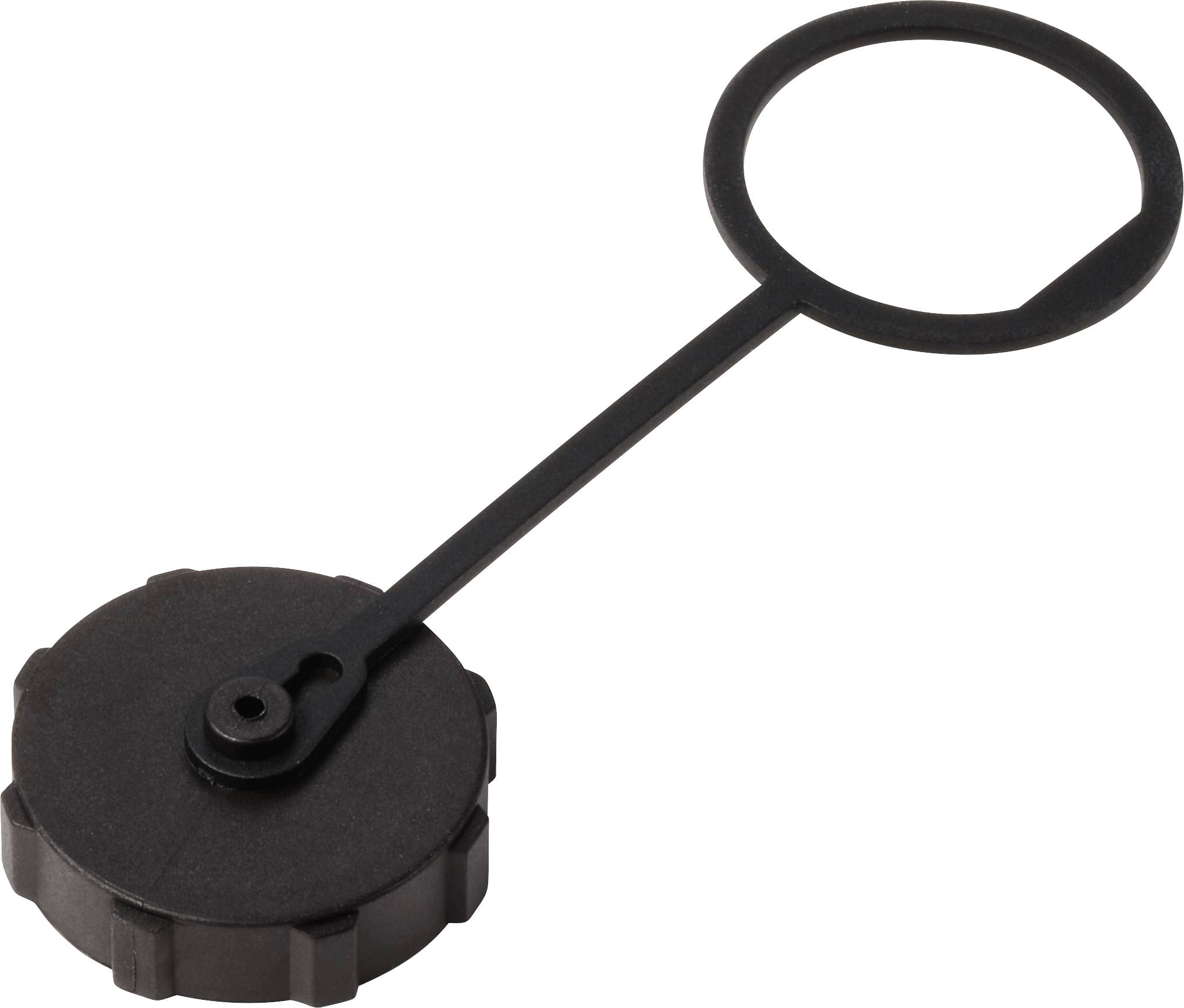Tappo in plastica nera con impugnatura rotonda, tipicamente utilizzato per contenitori industriali.