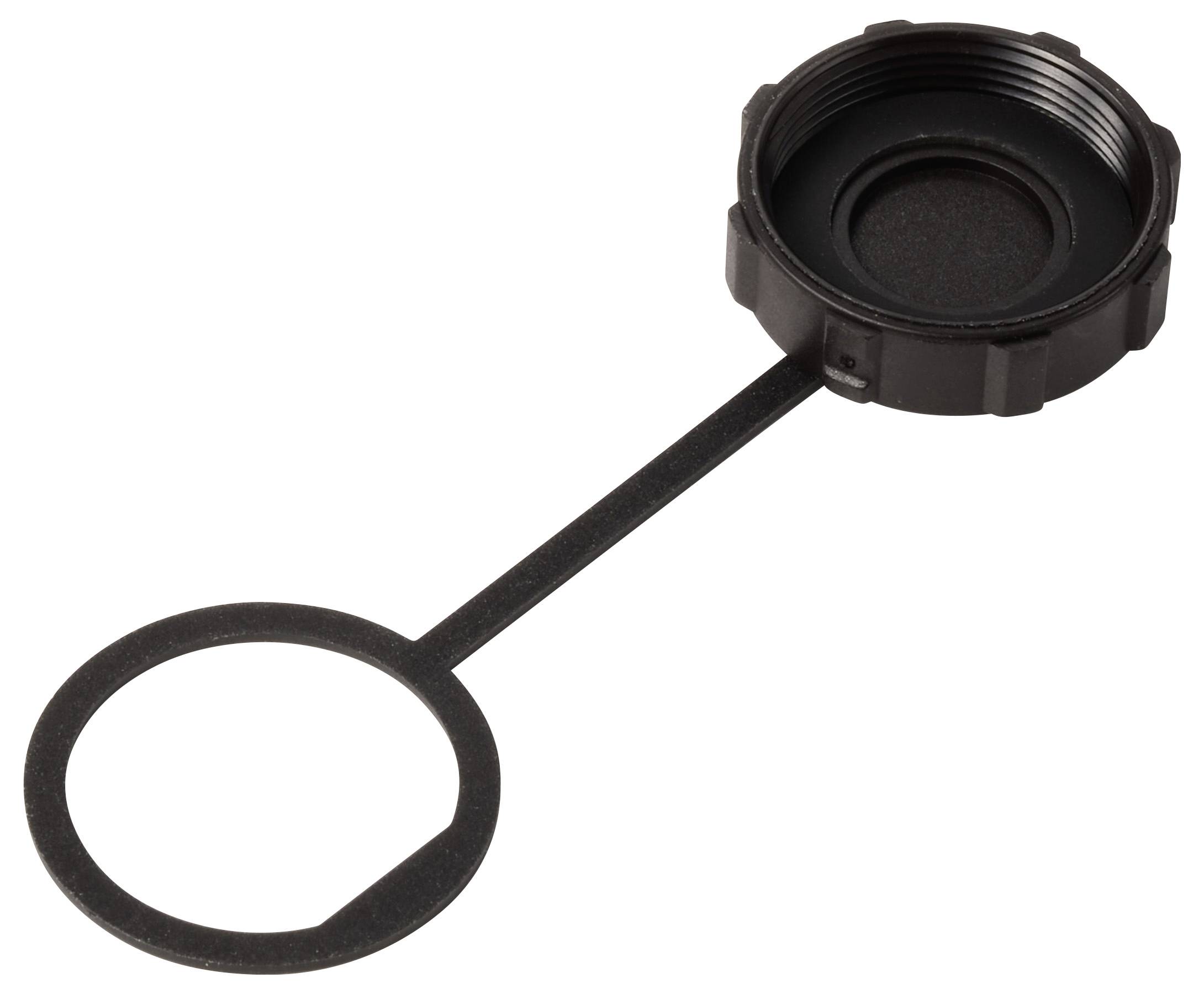Tappo nero con anello integrato, probabilmente per contenitori, per prevenire fuoriuscite o proteggere il contenuto.