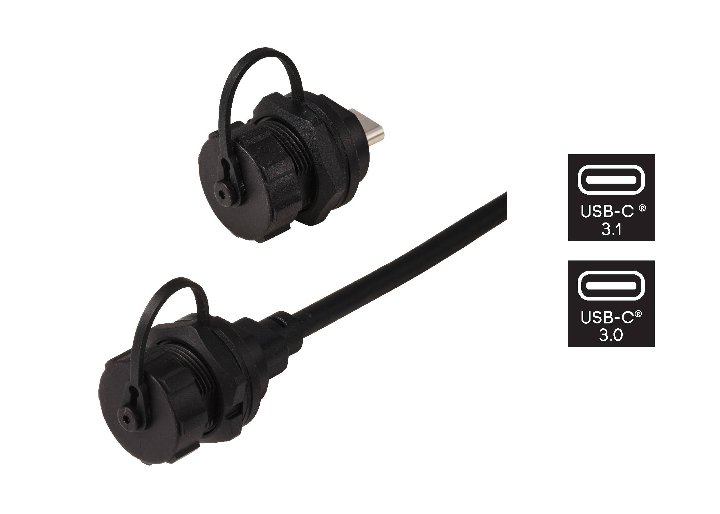 Due spine USB-C in custodie protettive. In alto un singolo connettore, in basso collegato a un cavo. A destra simboli per USB-C 3.1 e 3.0.