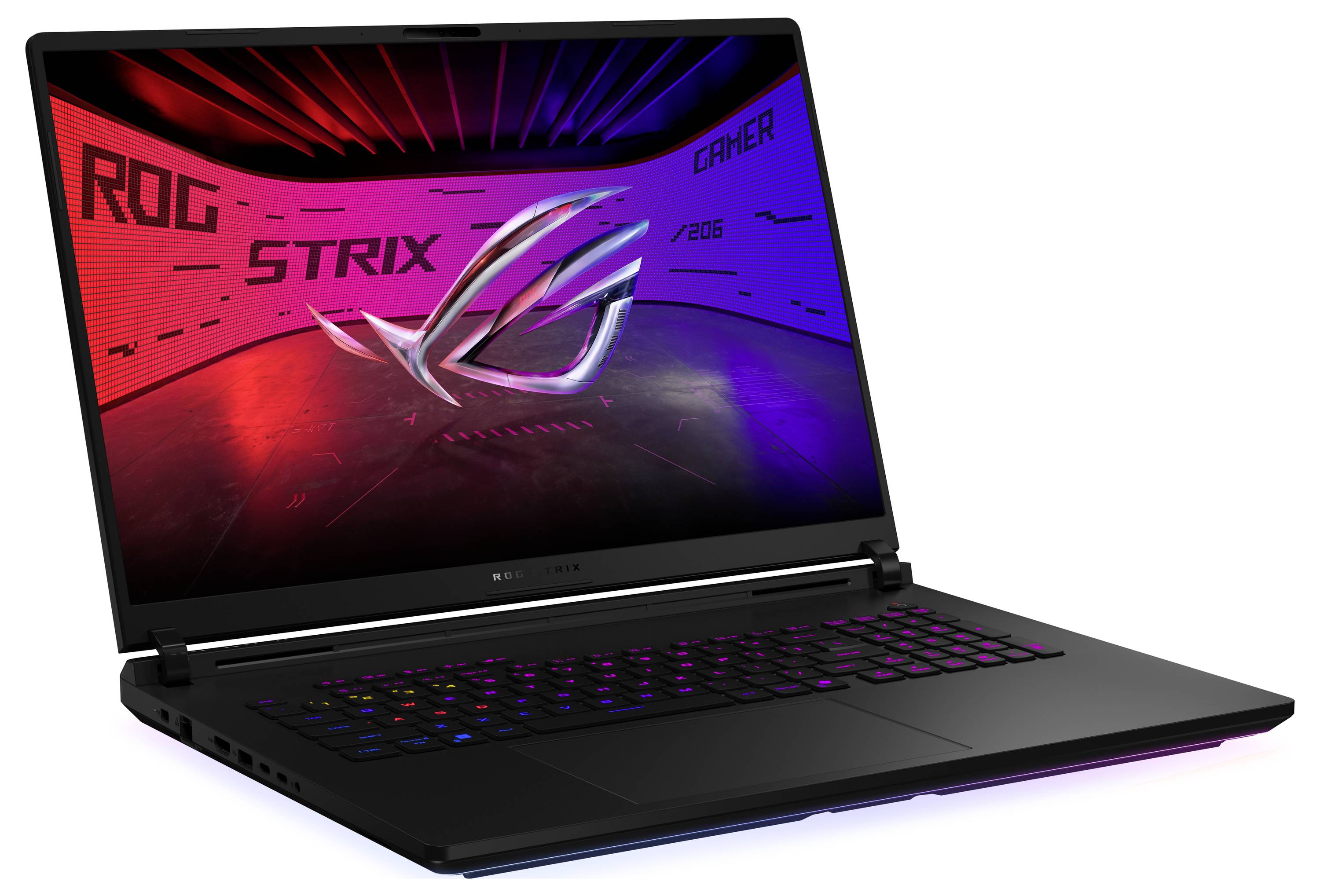 Un laptop da gaming con tastiera retroilluminata mostra sullo schermo il logo 'ROG Strix' e le parole 'ROG', 'Gamer' e '2016'.