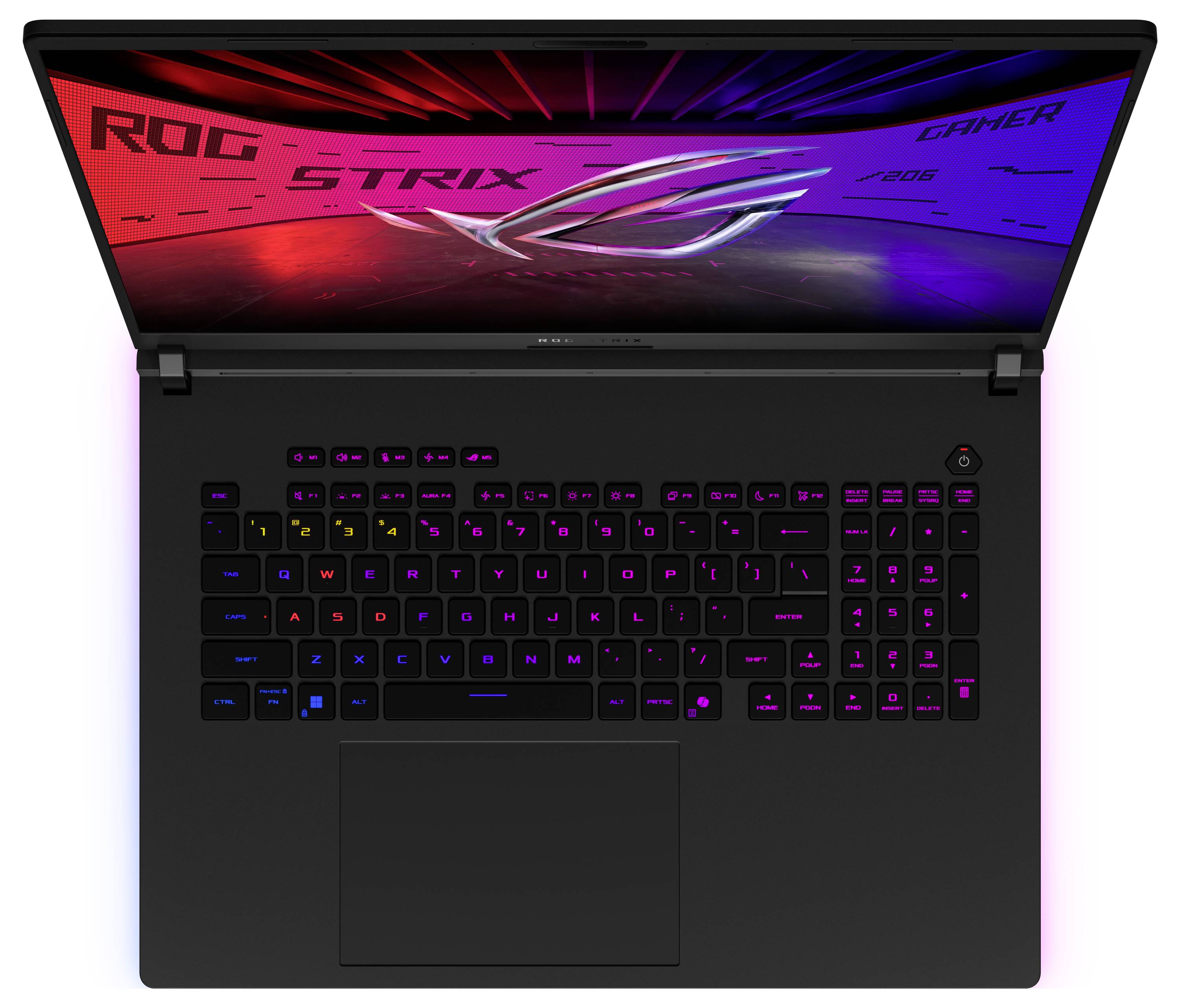Laptop dall'alto con tastiera RGB illuminata e schermo in blu e rosso. In alto sullo schermo c'è scritto 'ROG STRIX 2023 Gamer'.