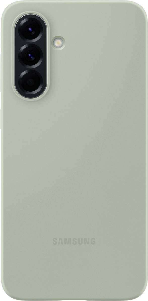 Vista posteriore di uno smartphone con tre obiettivi fotografici e un flash posizionato in alto a sinistra. Ha una superficie opaca di colore verde.
