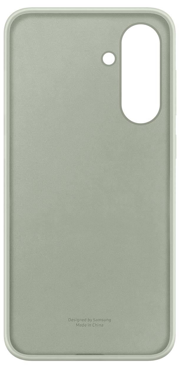 Una custodia per cellulare verde, dal design semplice, con un'ampia apertura per la fotocamera e un piccolo taglio per il flash.