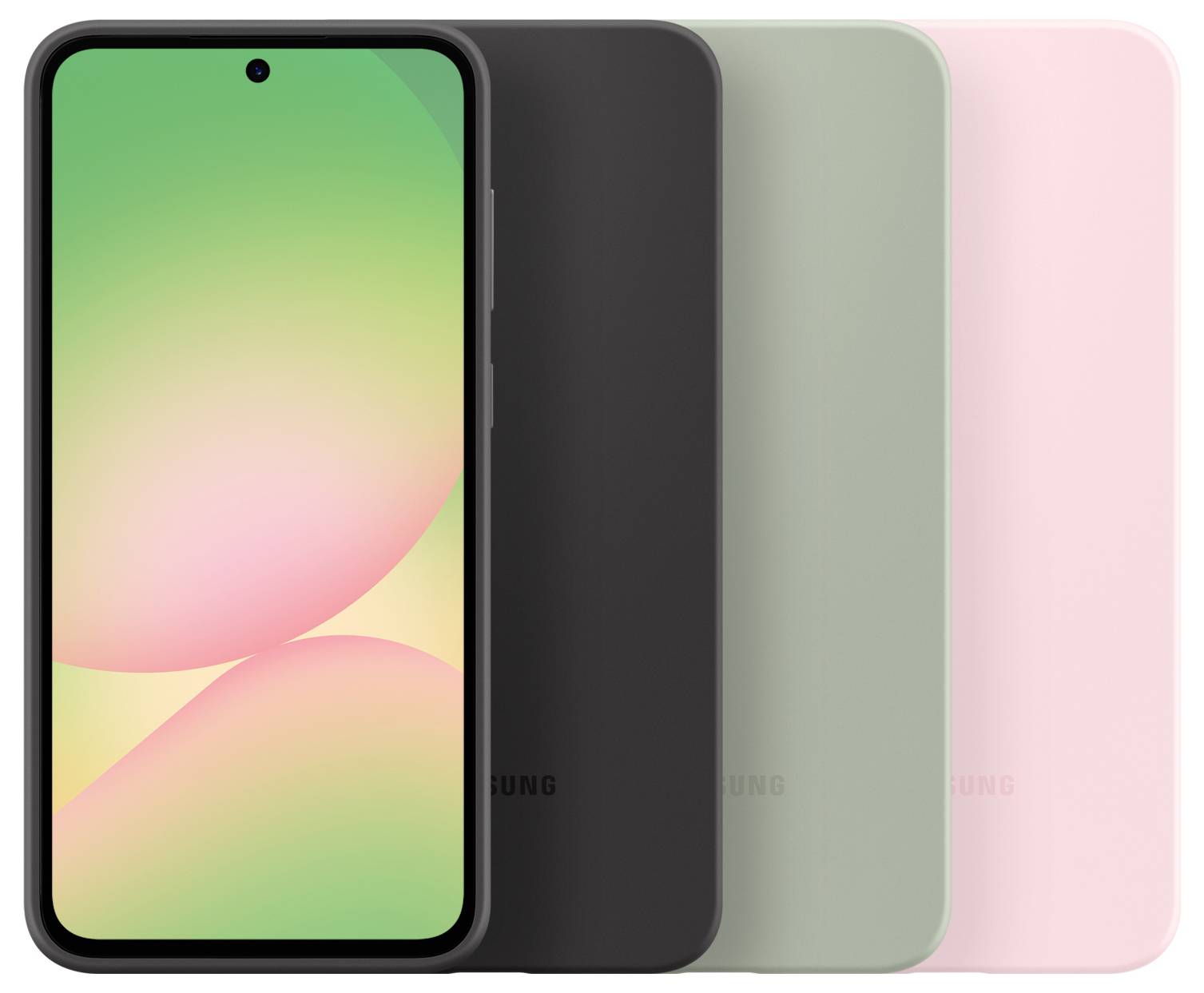 Un smartphone con display in tonalità verdi e rosa delicate, accanto a retri di custodia in nero, verde e rosa.