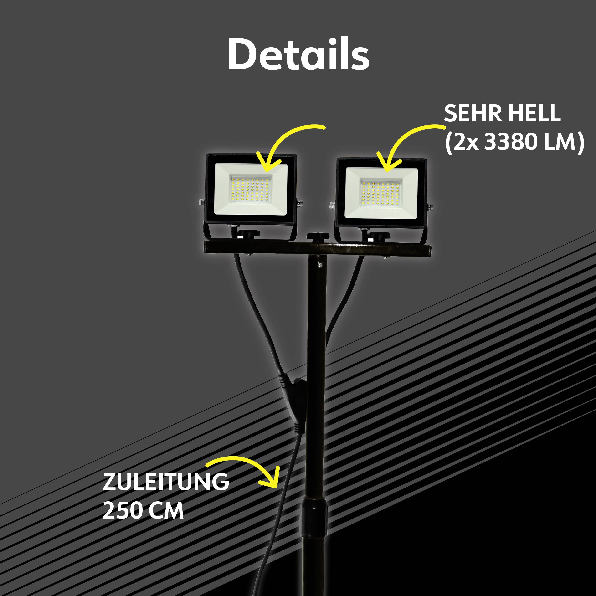 Due proiettori LED luminosi con 2x 3380 lumen su un treppiede, cavo di alimentazione da 250 cm.